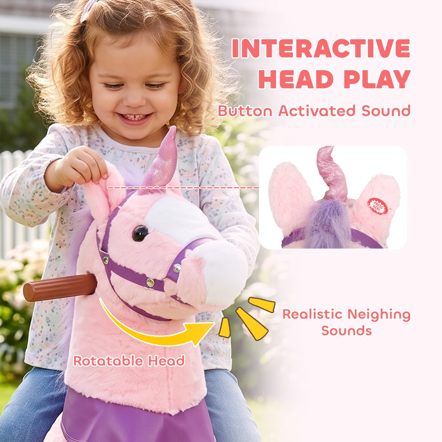 AIYAPLAY Ride on Horse Pedal Ride On Walking Horse Toy Rotatable Head Neighing Sound, Pink