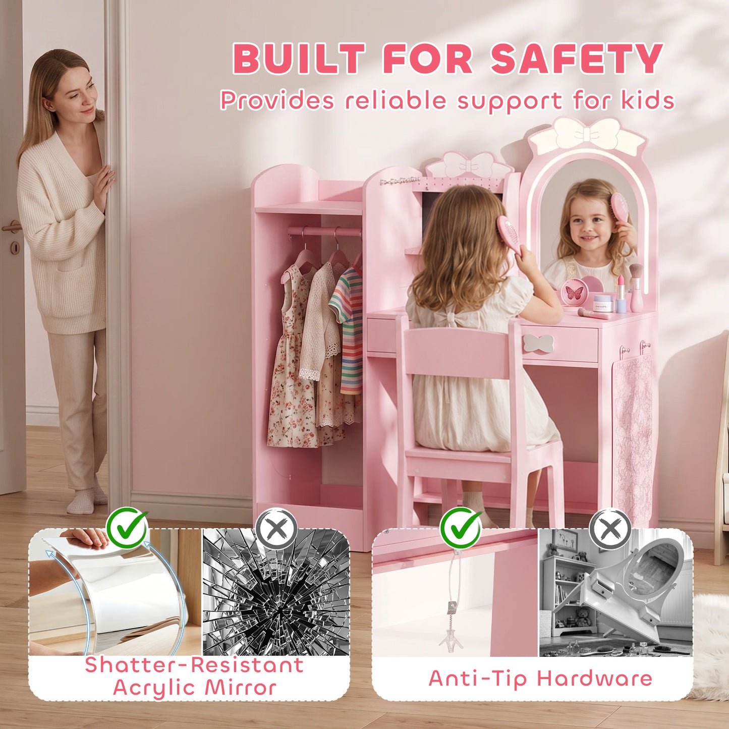 AIYAPLAY Kids Dressing Table, 3-in-1 Kids Vanity Set with Stool, 2-Colour Lights Mirror, Clothes Rack for Ages 3-8, Pink