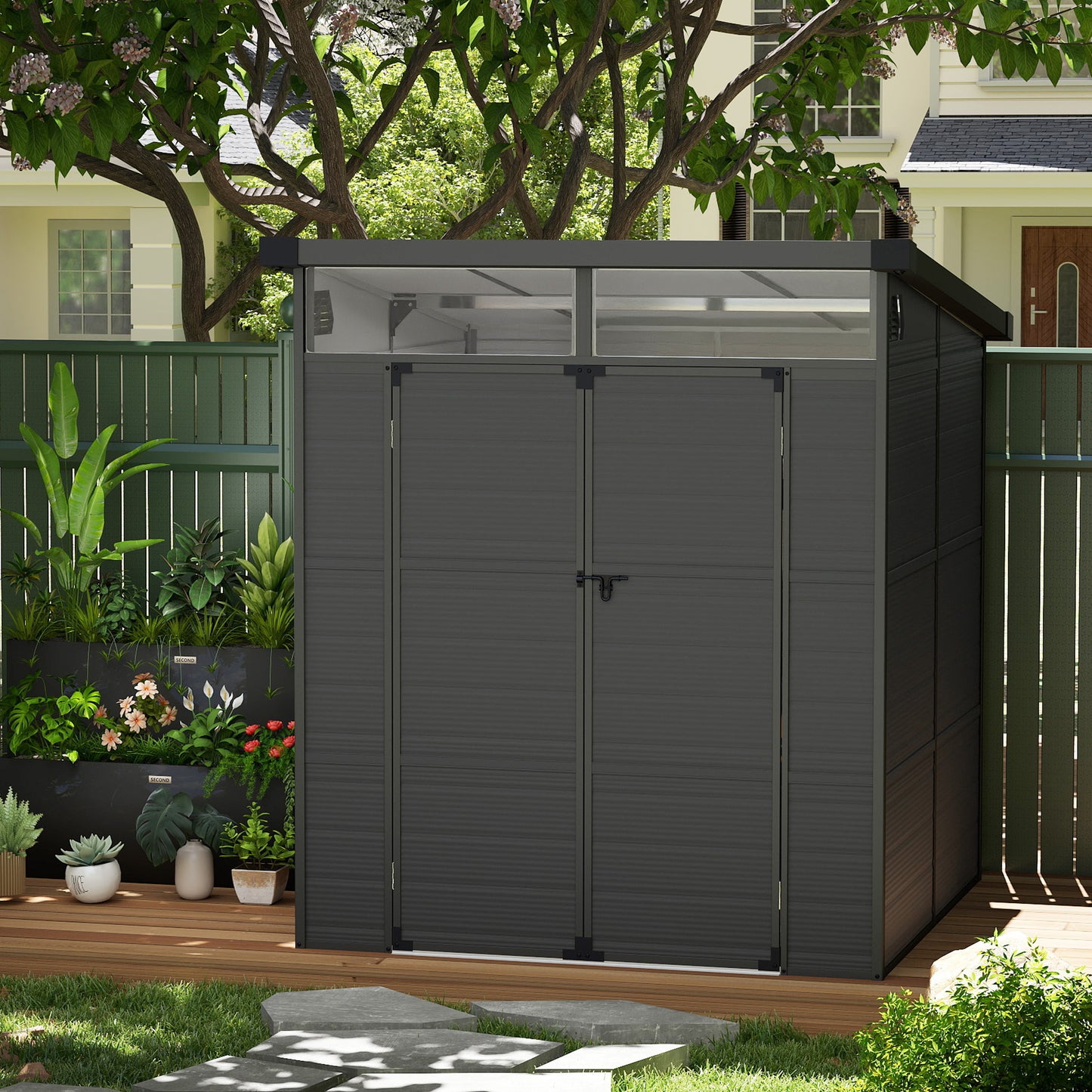 Outsunny 6x6ft Outdoor Storage Shed, Plastic Garden Shed w/ Windows, Air Vents & Latch Doors, Dark Grey