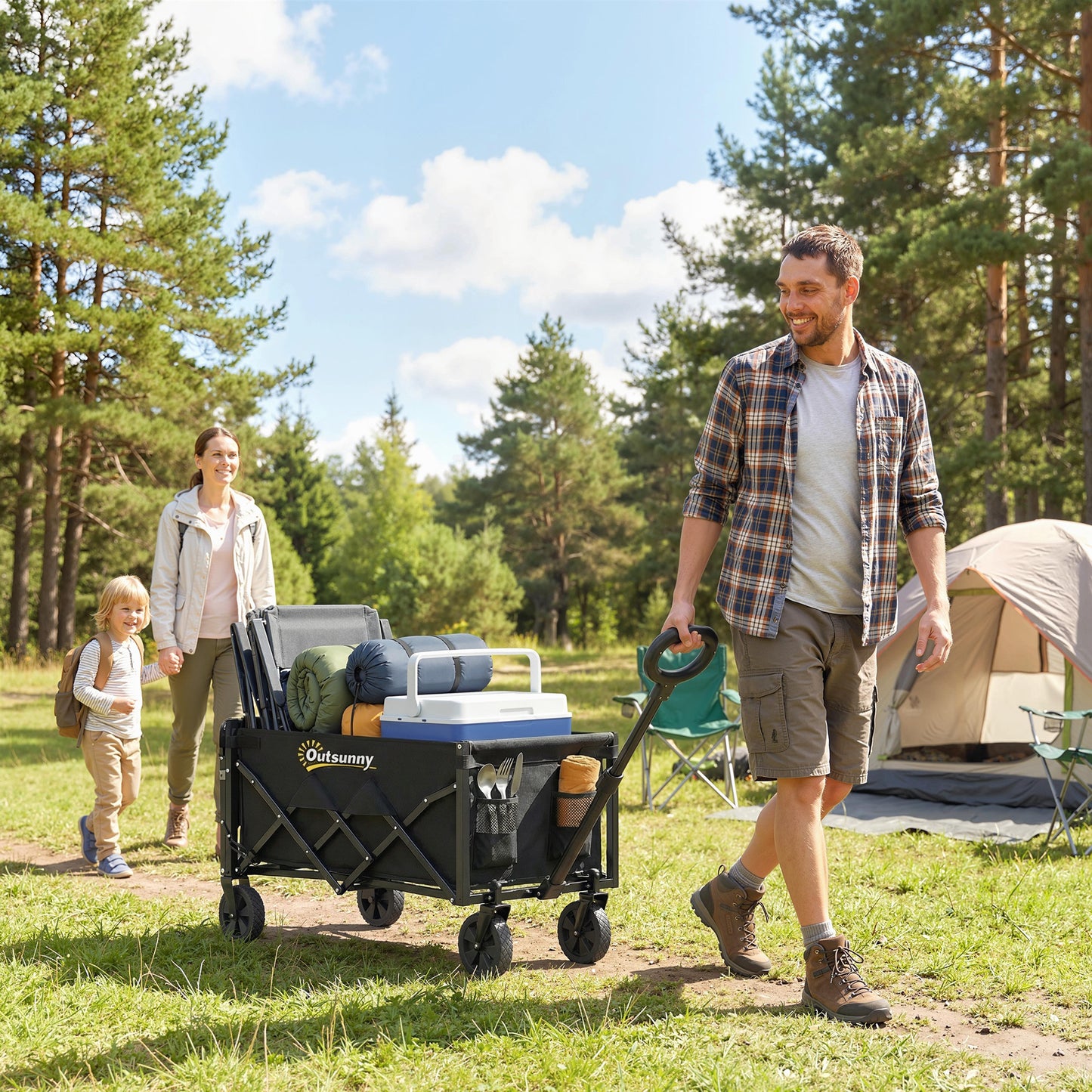 Outsunny 80L Foldable Festival Trolley on Wheels, Collapsible Wagon Cart with Drop-Down Tailgate, Adjustable Handle, Black
