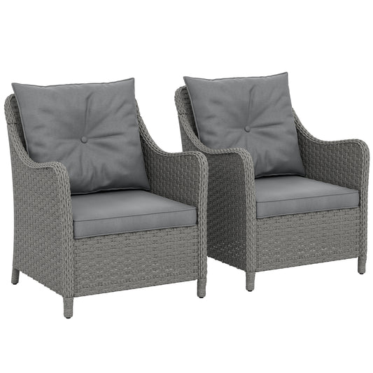 Outsunny Rattan Garden Chairs Set of 2, Outdoor Armchairs with Cushions & High Back, Steel Frame, PE Wicker for Balcony, Porch, Dark Grey