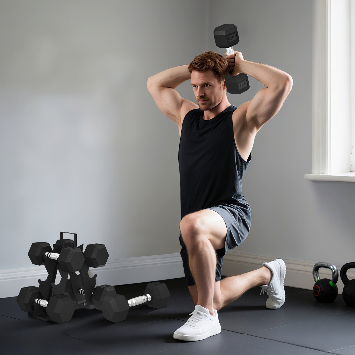 SPORTNOW Hex Dumbbell Set with Rack, Rubber Coated, Non-Slip Chrome Handles, for Home Gym Training, 2x2kg, 2x5kg, 2x8kg, Black