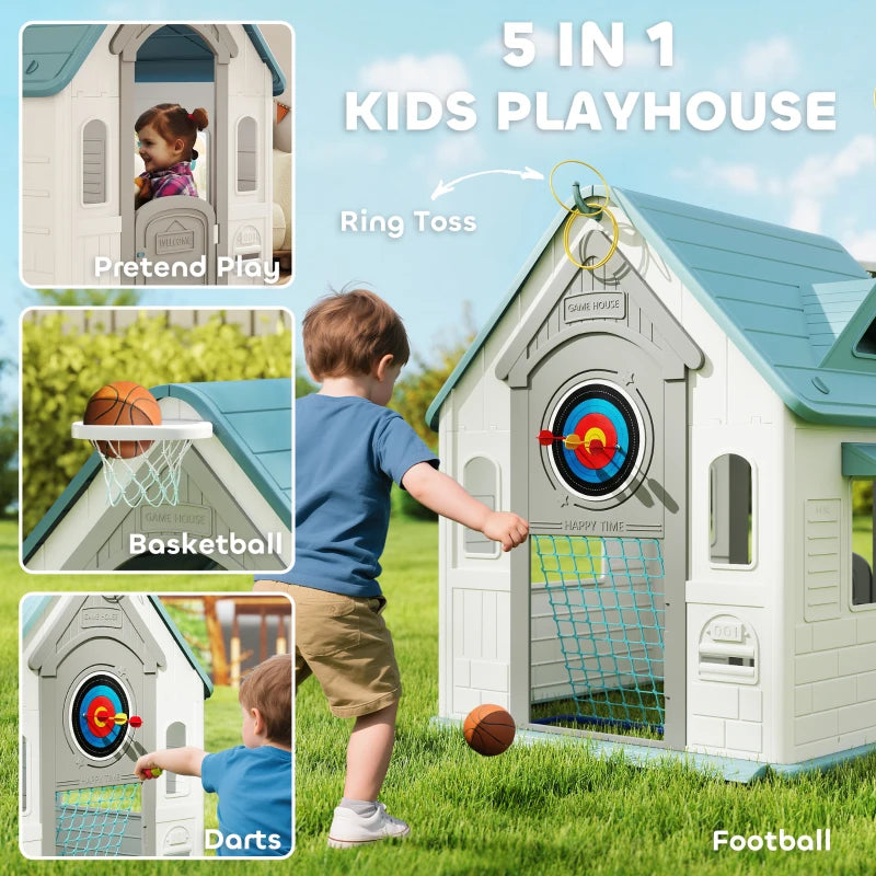 AIYAPLAY 5-in-1 Playhouse for Kids Outdoor Indoor with Basketball Hoop, Football Goal, Dartboard, Ring Toss for 2-5 Years