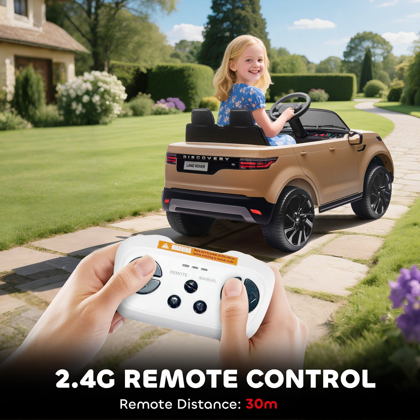 AIYAPLAY Land Rover Discovery Licensed 12V Kids Electric Car with Remote, 4 Wheel Suspension, Slow Start, Lights, Music, Khaki