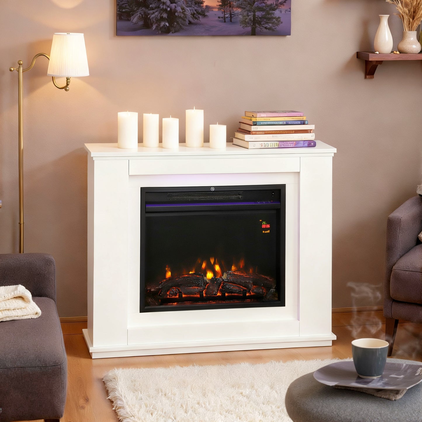 HOMCOM Electric Fireplace with 12 Flame Colours, 5 Brightness Levels, 1000W/2000W, Remote & Timer, Covers 30 m², Mantel Inset, White