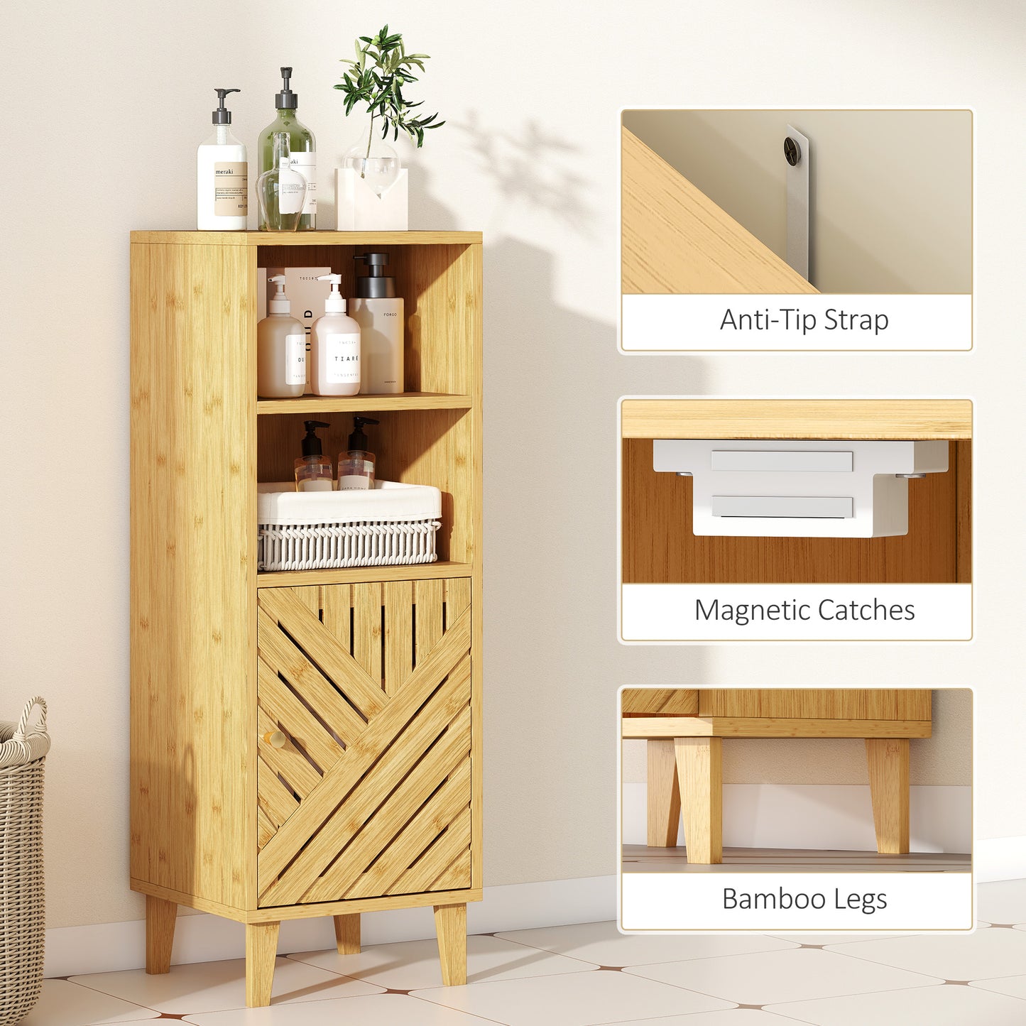 HOMCOM Slim Bathroom Cabinet, Narrow Freestanding Storage Cupboard with Bamboo Door and Legs, Open Compartments, Natural Wood Finish.
