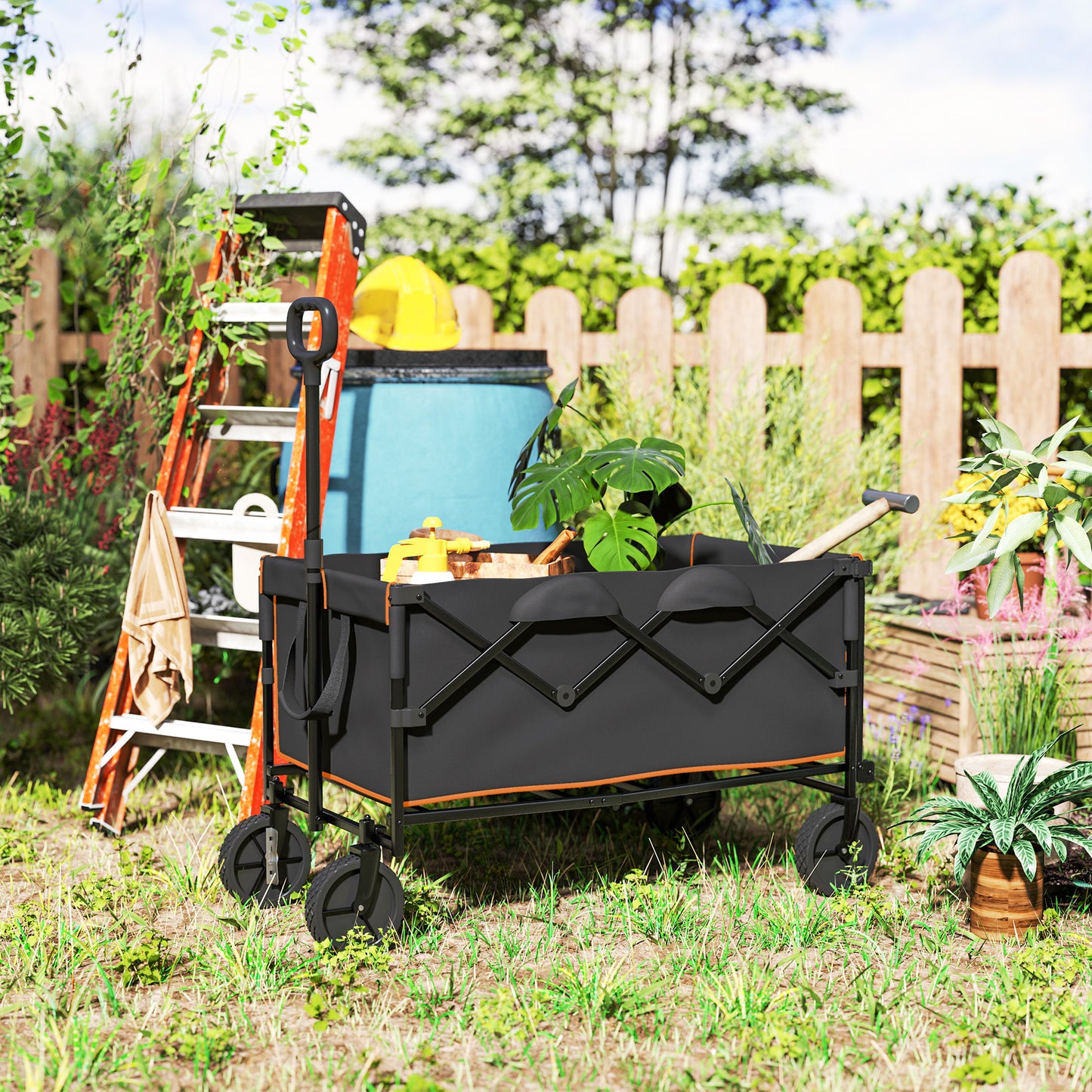 Outsunny 160L Festival Trolley on Wheels, Folding Camping Cart w/ Tailgate, 100kg Heavy Duty Garden Wagon w/ Adjustable Handle, Black and Orange