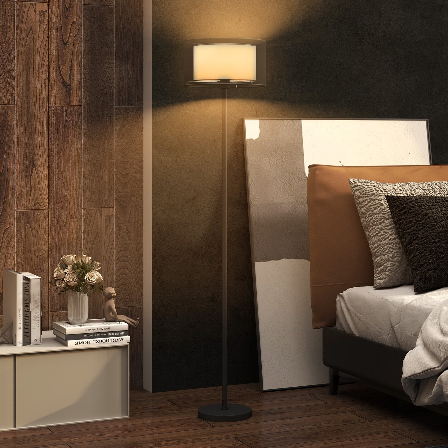 HOMCOM Modern Floor Lamp with Dual-Layer Shade & Foot Switch, Height Adjustable Tall Pole for Bedroom, Office, Living Room, Black