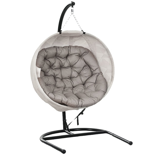 Outsunny Hanging Egg Chair Outdoor Indoor Garden Swing Chair with Folding Basket, Garden Hanging Chair with Stand, Thickened Cushion, Cup Holder for Patio, Balcony, Sand Brown