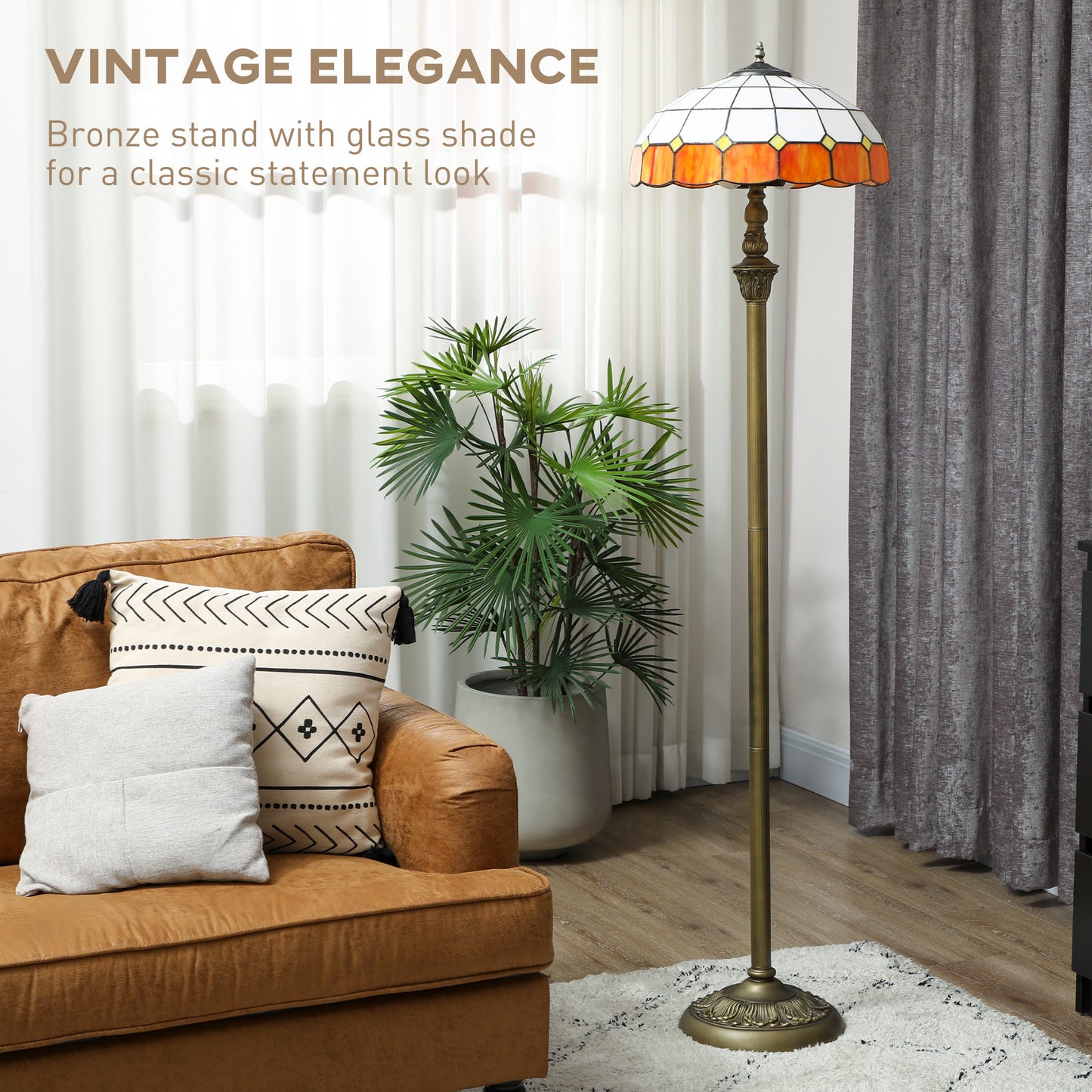 HOMCOM Tiffany-Style Floor Lamp, 152cm Vintage Standing Lamp with Stained Glass Shade, Foot Switch, Dual Sockets, Bronze Tone, Orange