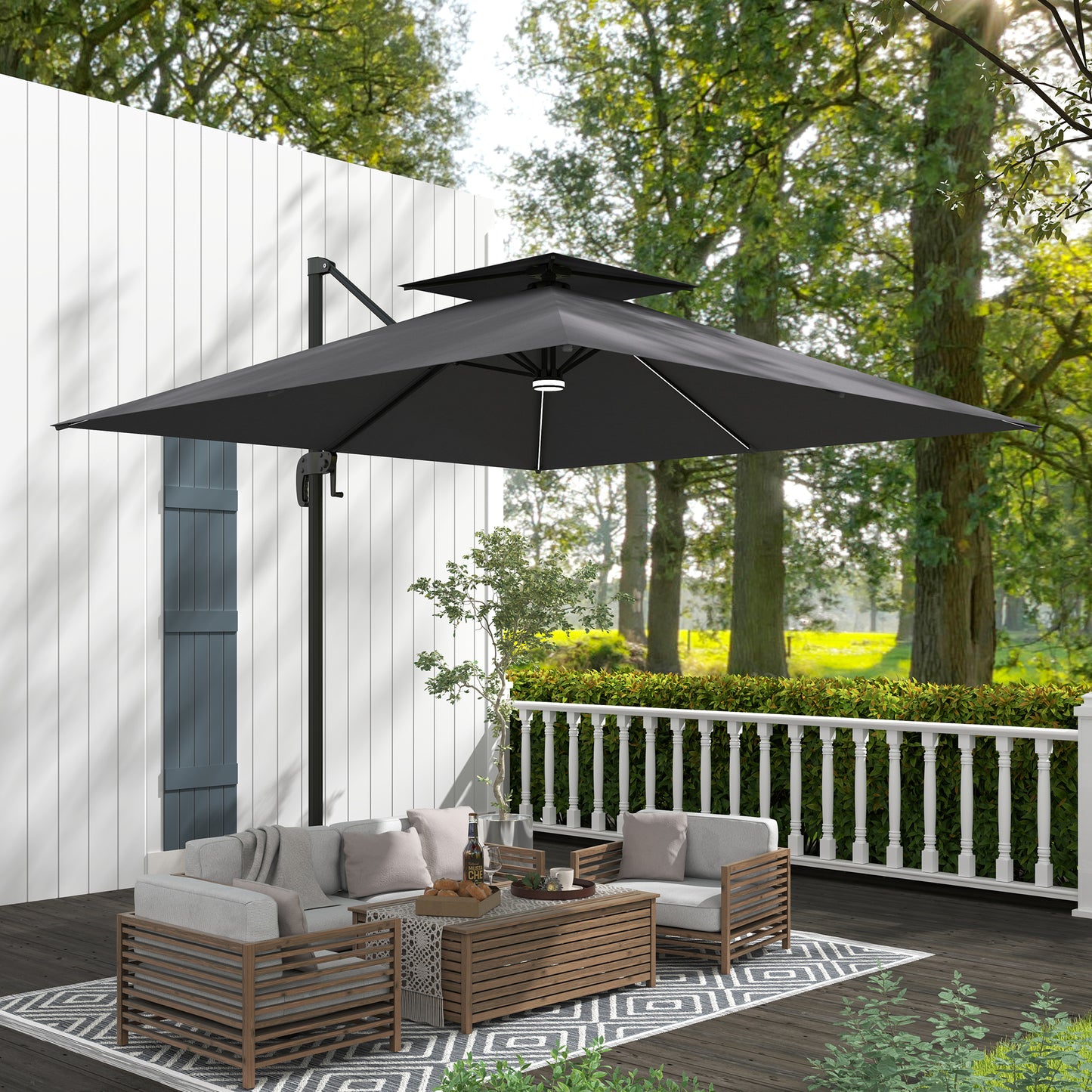 Outsunny 2.5m Cantilever Parasol with Solar Powered LED Lights, 360° Rotation, Tilt Adjustment, Crank Handle, Dark Grey