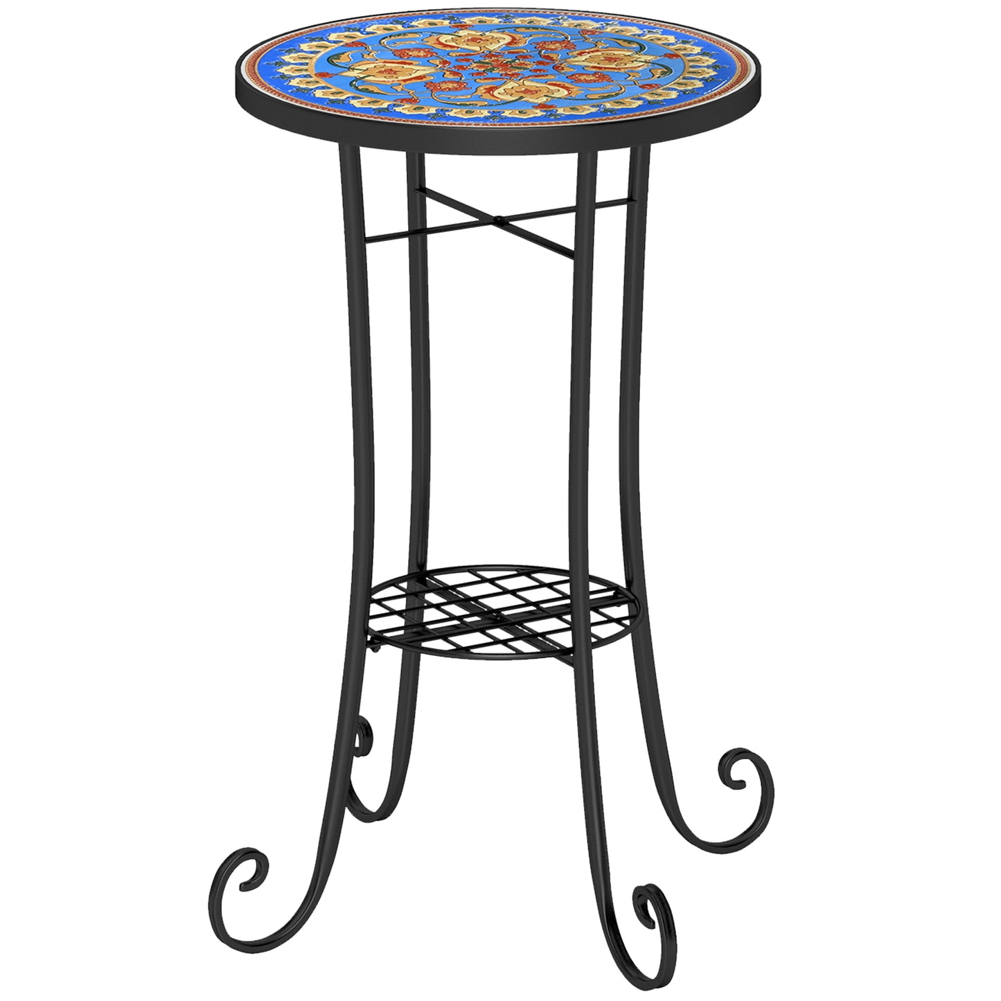Outsunny Mosaic Garden Table, 35.5 cm Round, Ceramic Tile Top, Side Table/Plant Stand, Blue for Patio/Balcony