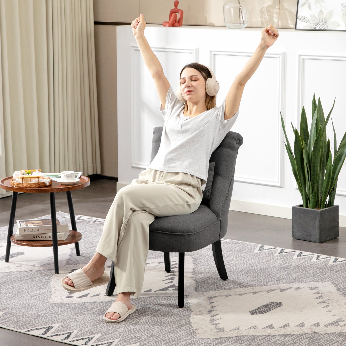 HOMCOM Fabric Single Sofa Dining Chair Tub Chair Upholstered W/ Pillow Solid Wood Leg Home Living Room Furniture Charcoal Grey