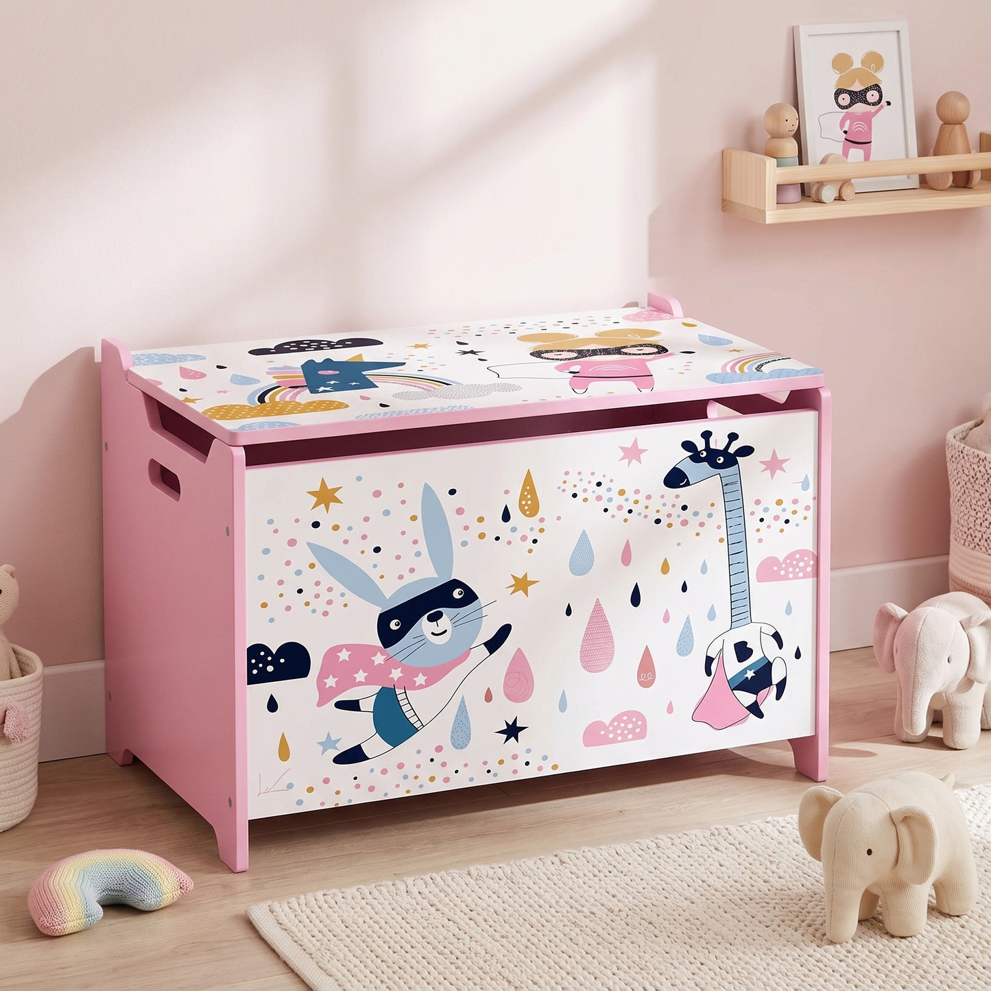 AIYAPLAY Storage Chest, Wooden Toy Chest with Lid, Flip-Top, Security Hinges and Anti-Pinch Design for Kids, Pink