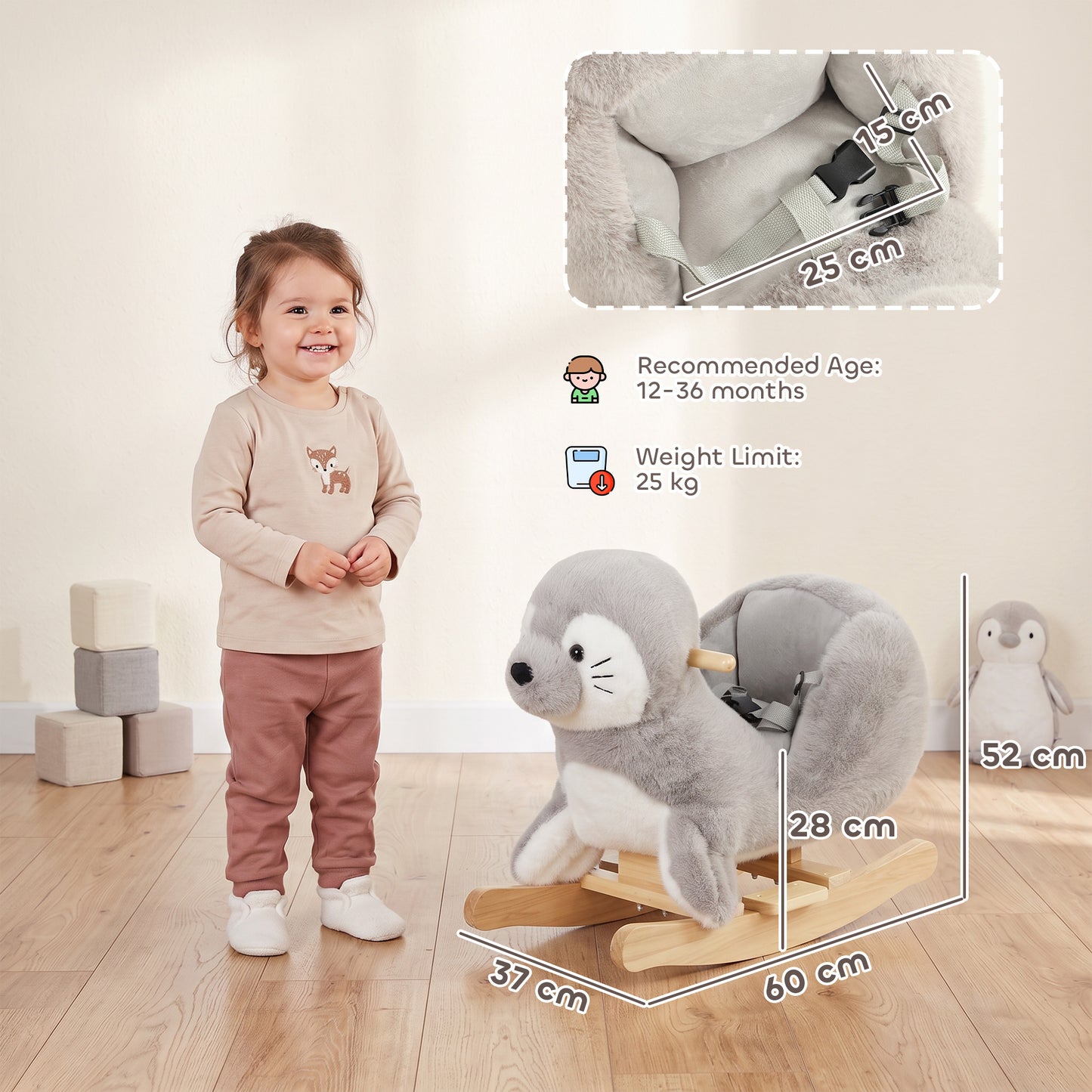 AIYAPLAY Baby Rocking Horse, Seal Rocking Animal with Sounds and Belt for Toddlers 12-36 Months,