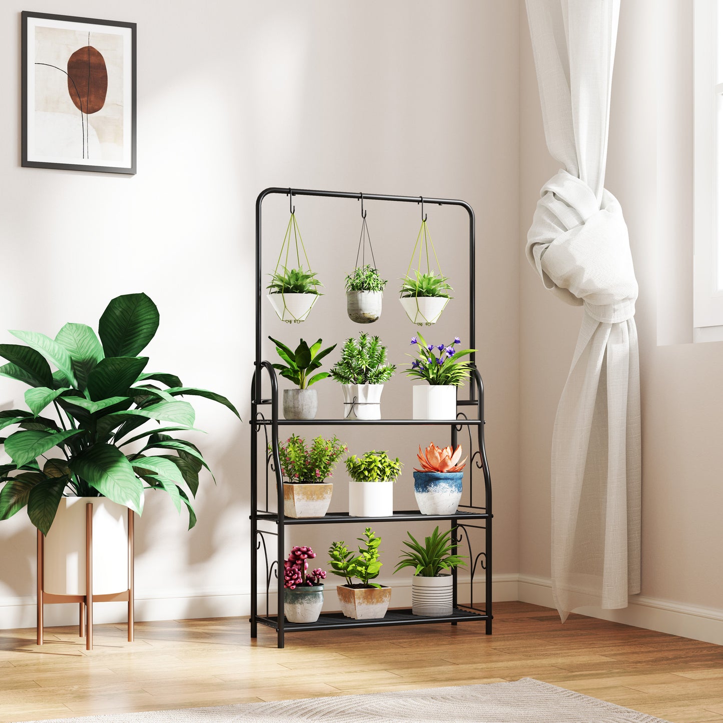 Outsunny 3 Tier Metal Plant Stand with Hanging Rod and Hooks, Ladder Flower Pot Rack for Indoor/Outdoor Use, Black