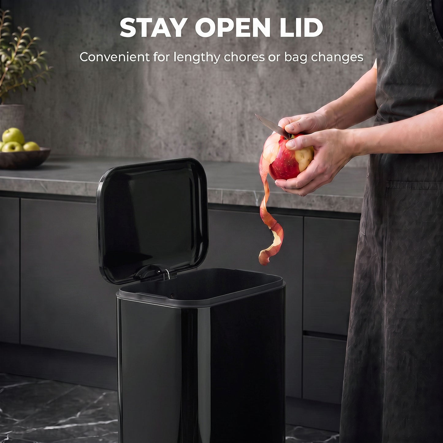 HOMCOM 20 L Kitchen Pedal Bin, Metal Rubbish Bin with Removable Inner Bucket, Soft-Close & Stay-Open Lid, High Gloss Black