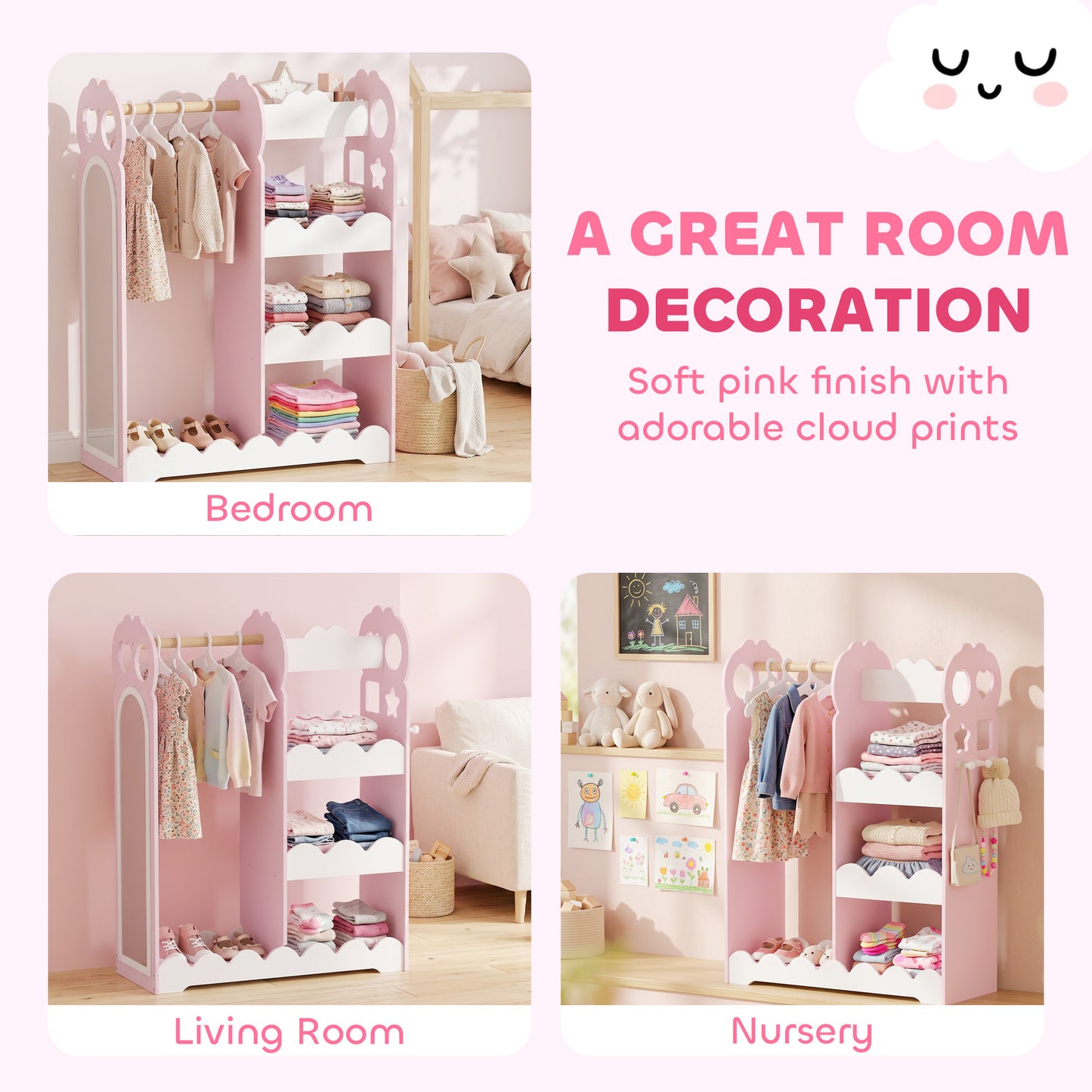 AIYAPLAY Kids Wardrobe, Children Dress Up Storage with Mirror, Clothes Rail, Shelves, Hangers for Girls Boys Bedroom Nursery Pink