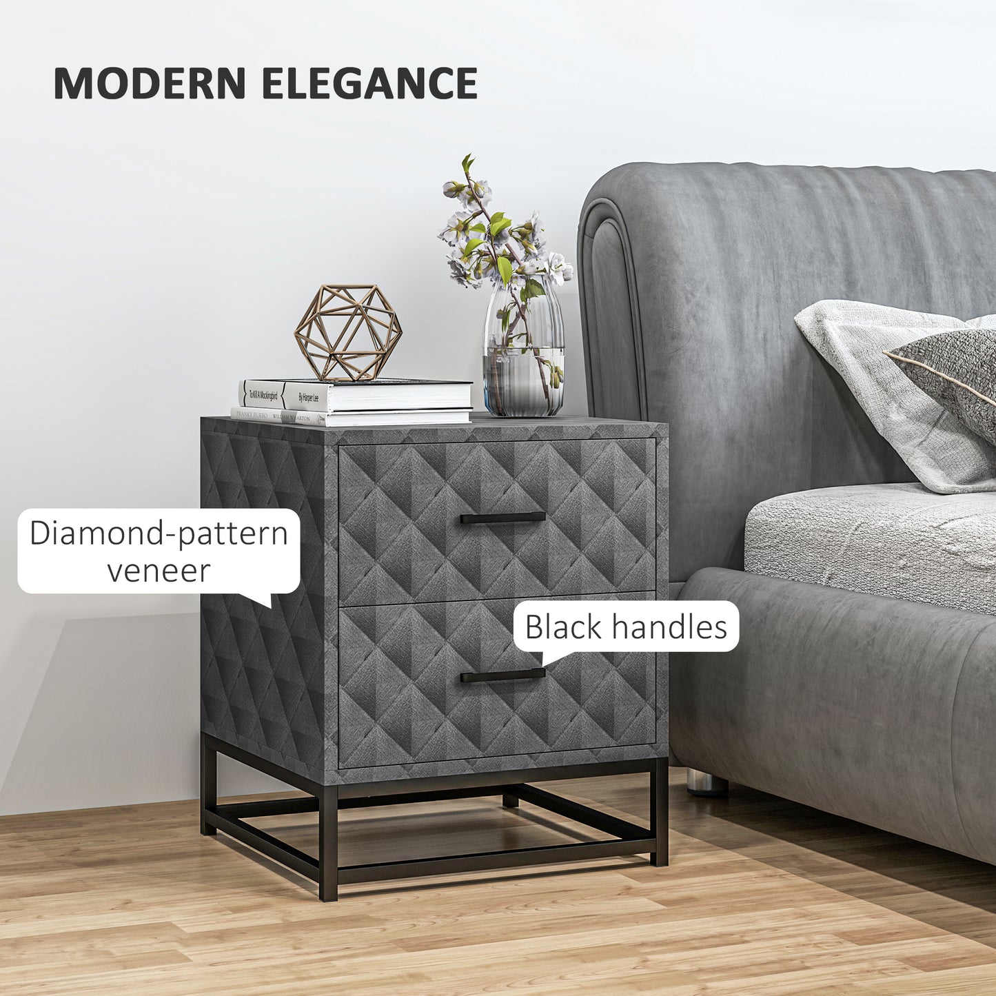 HOMCOM Bedside Tables Set of 2 with 2 Drawers, Modern Nightstand Cabinet, Steel Legs for Bedroom/Living Room, Grey