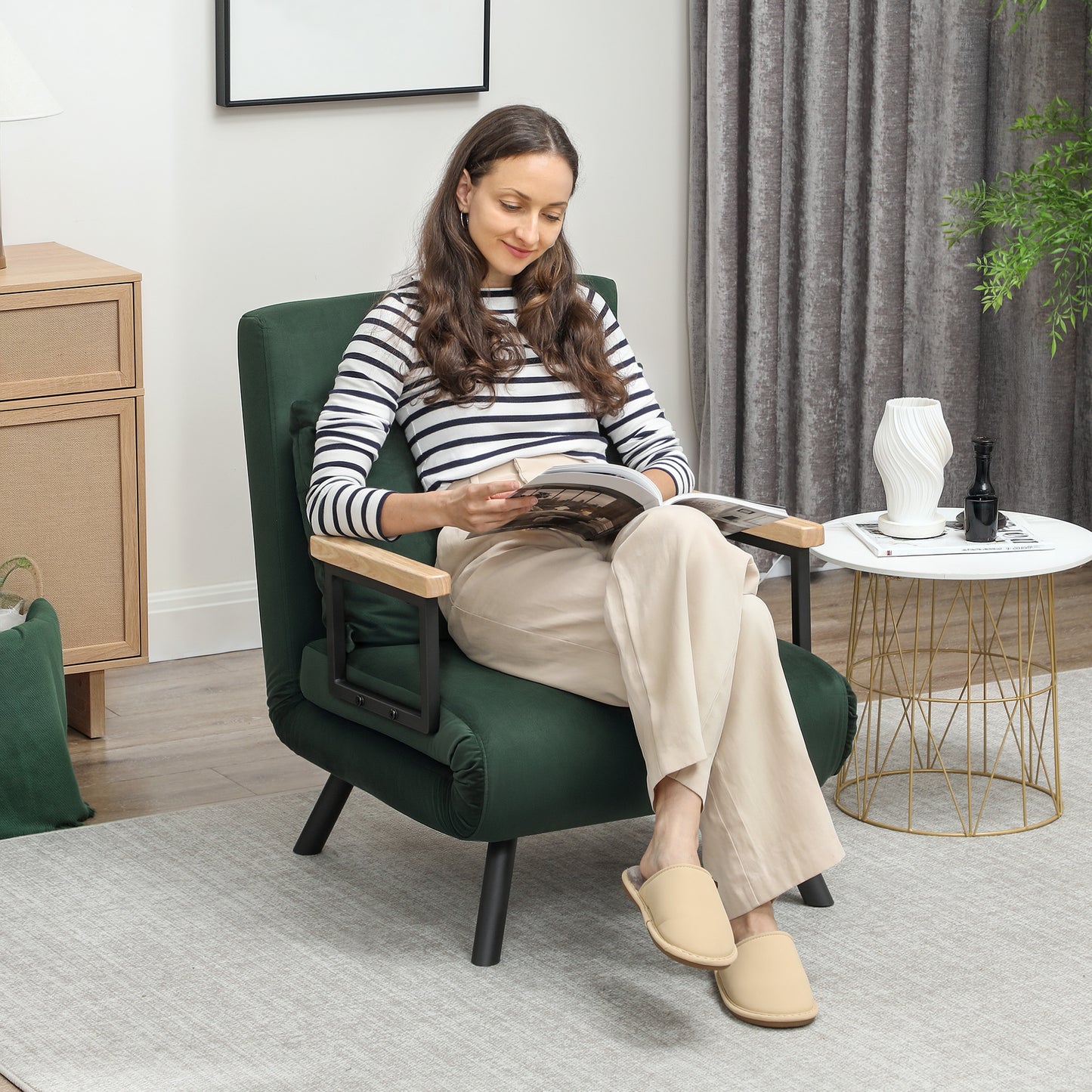 HOMCOM 4-in-1 Velvet-Feel Single Chair Bed, with Pillow - Green