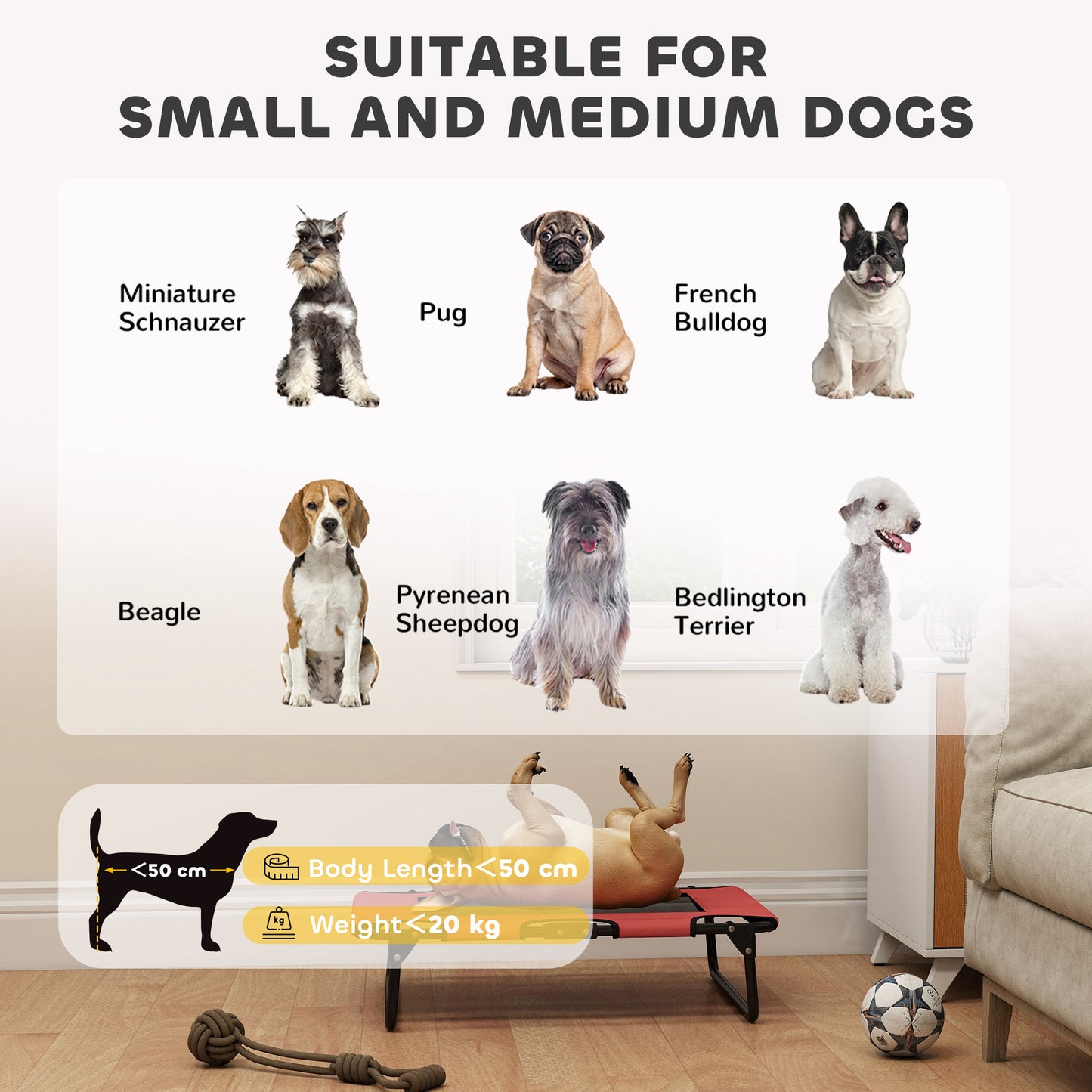 PawHut Portable Raised Dog Bed, Elevated Pet Cot with Breathable Mesh for Indoor Outdoor, for Small Medium Dogs, Red