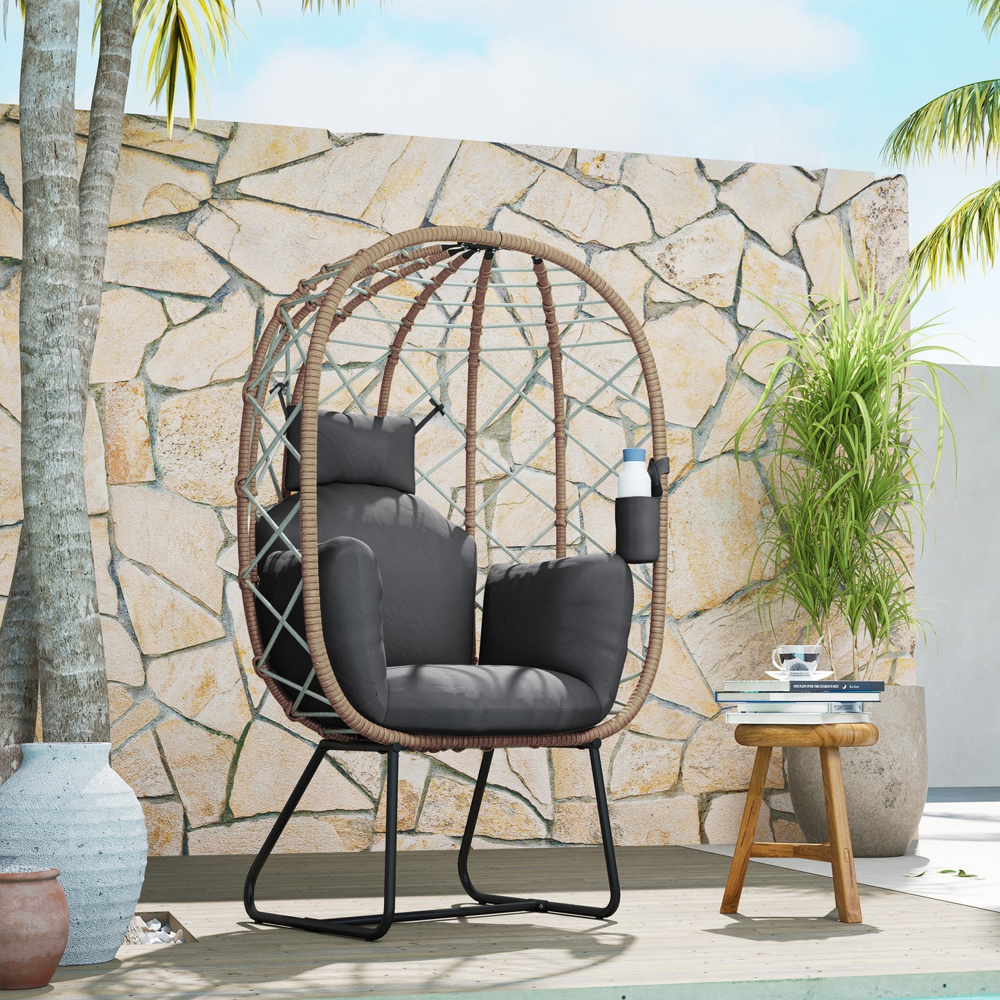 Outsunny Rattan Egg Chair: Indoor/Outdoor Wicker Chair with Cushion & Headrest, Metal Frame, Brown