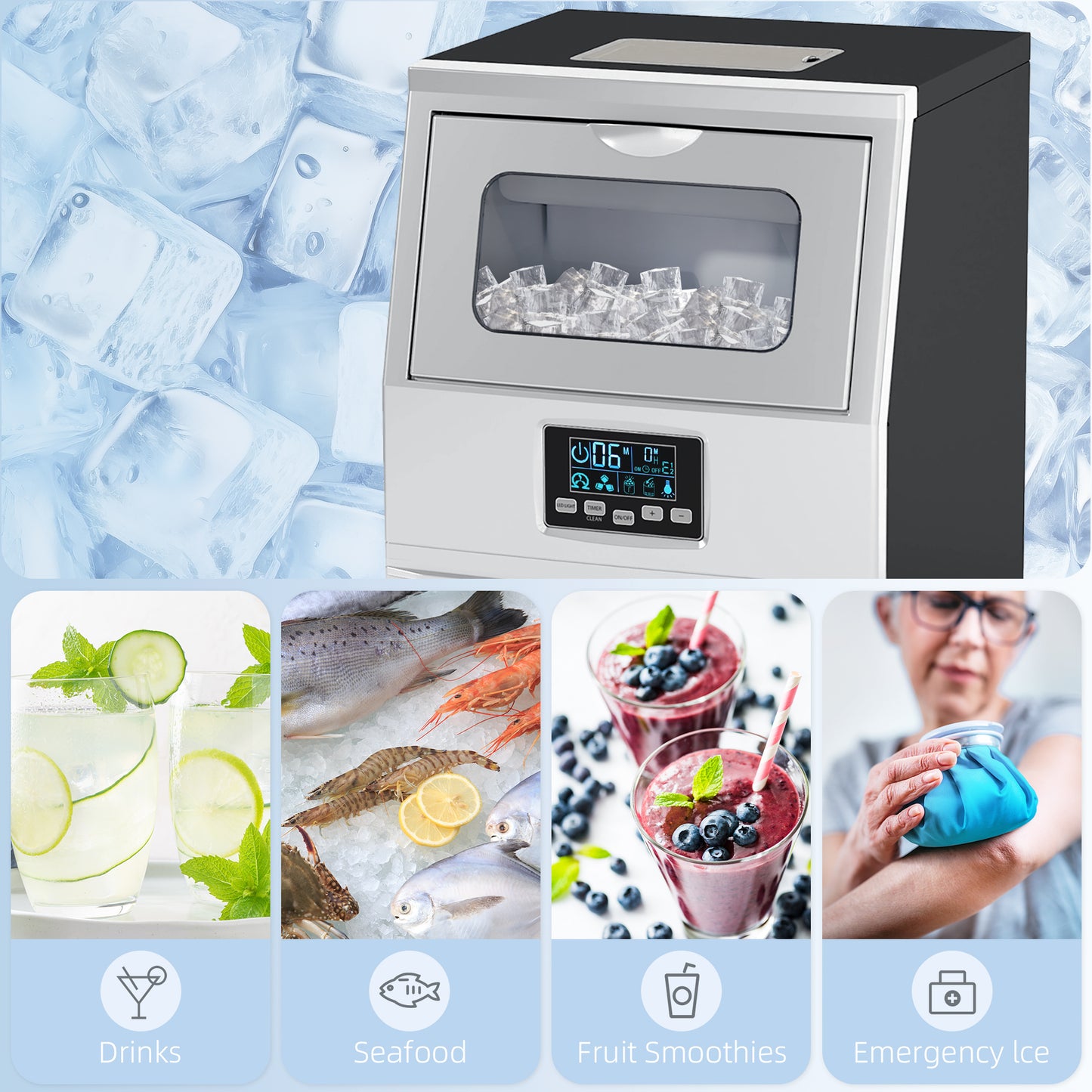 HOMCOM Commercial Ice Maker, Freestanding Industrial Ice Cube Machine, Digital Control, Self-cleaning, 4kg Storage, 30kg/24h for Home, Office, Bar - Silver