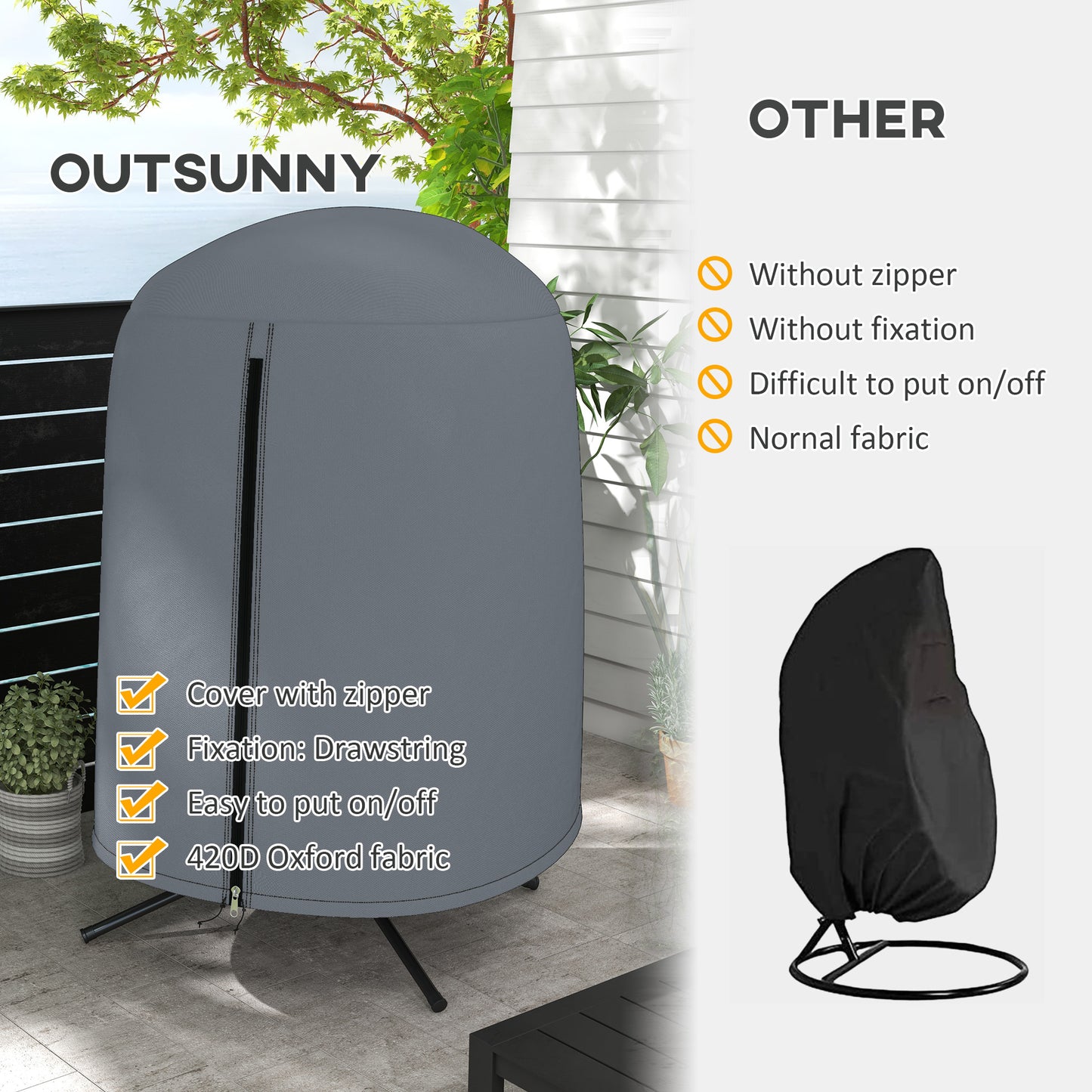 Outsunny 190 x Ø128cm Hanging Egg Chair Furniture Cover - Grey