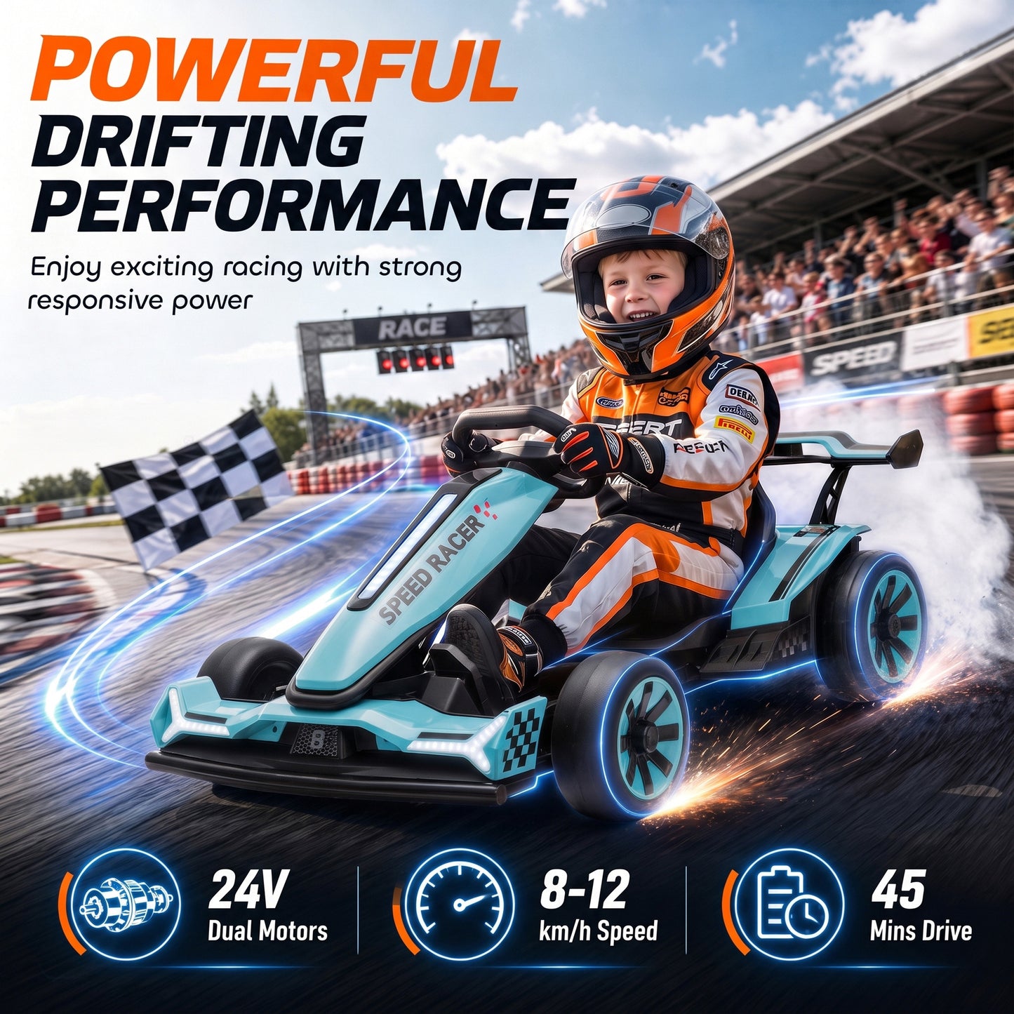 AIYAPLAY 24V Electric Go Kart for Kids 6-12 Years with Drift Mode, Adjustable Seat, 3 Speed, Slow Start, Light Blue