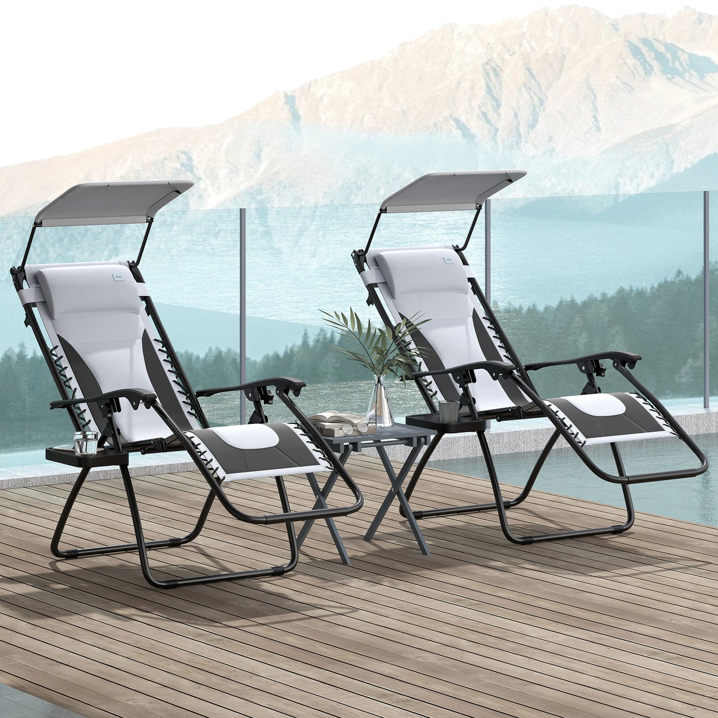 Outsunny Set of 2 Zero Gravity Lounger Chairs, Folding Recliners with Shade, Cup Holder, Cushion, Light Grey