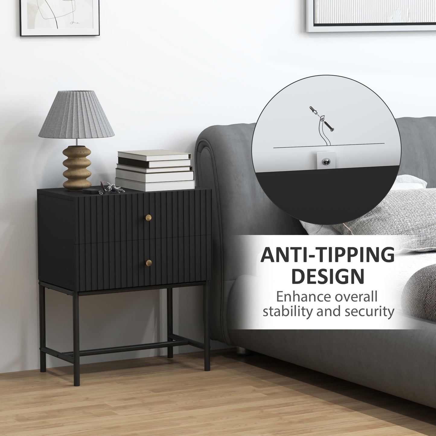 HOMCOM Elegant Two-Drawer Bedside Table - Black