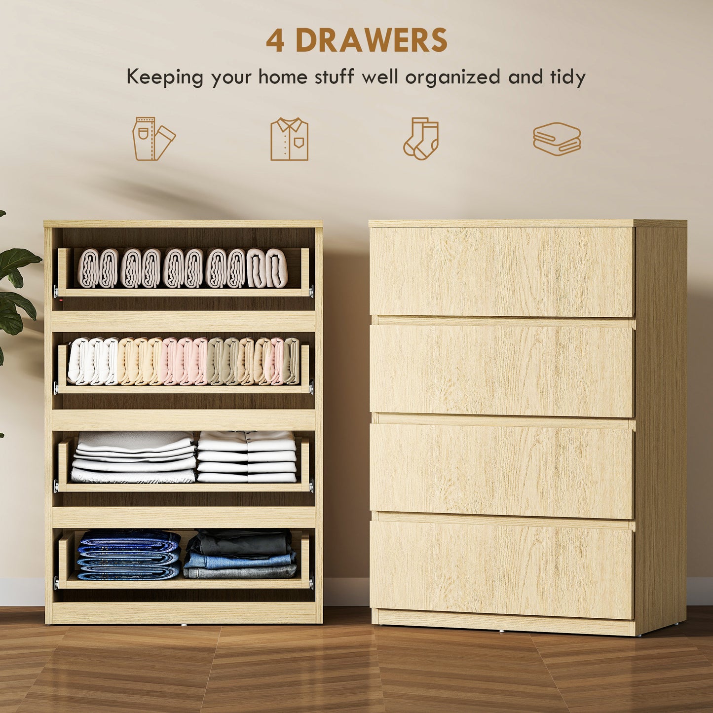 HOMCOM Chest of Drawers, 4-Drawer Storage Cabinets, Storage Drawer Unit for Bedroom