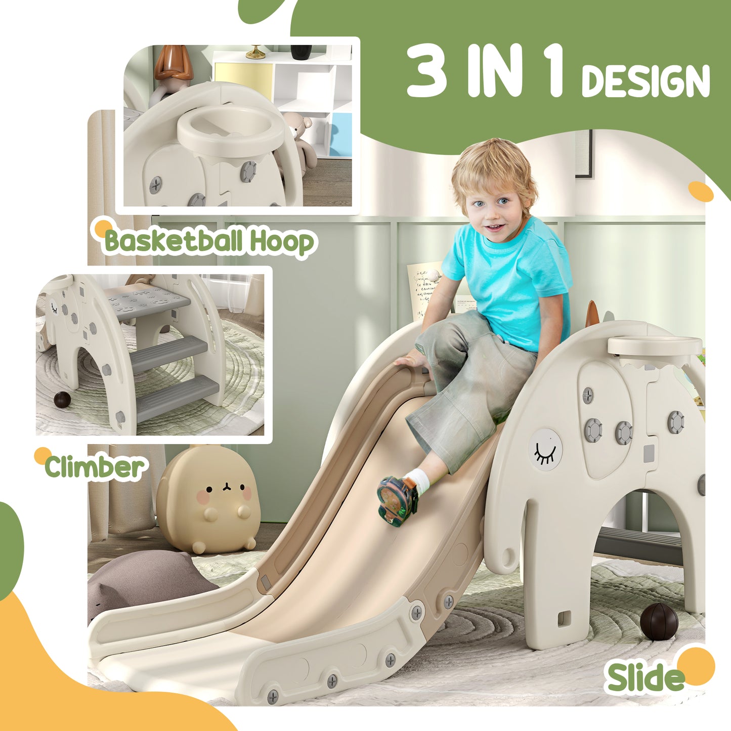 AIYAPLAY 3 in 1 Toddler Slide with Basketball Hoop, Climber, Elephant-Themed, for 1-3 Years - Cream White