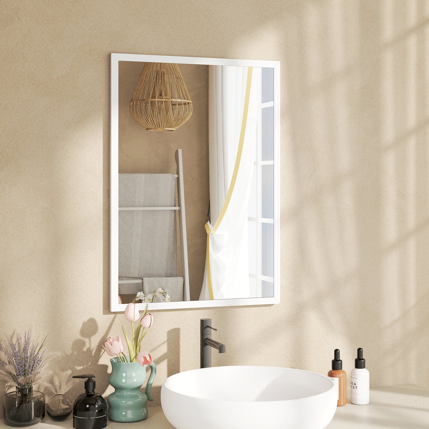 HOMCOM Wall-Mounted Bathroom Mirror, 70 x 50 cm Wall Mirror for Living Room, Bedroom, Hallway, White