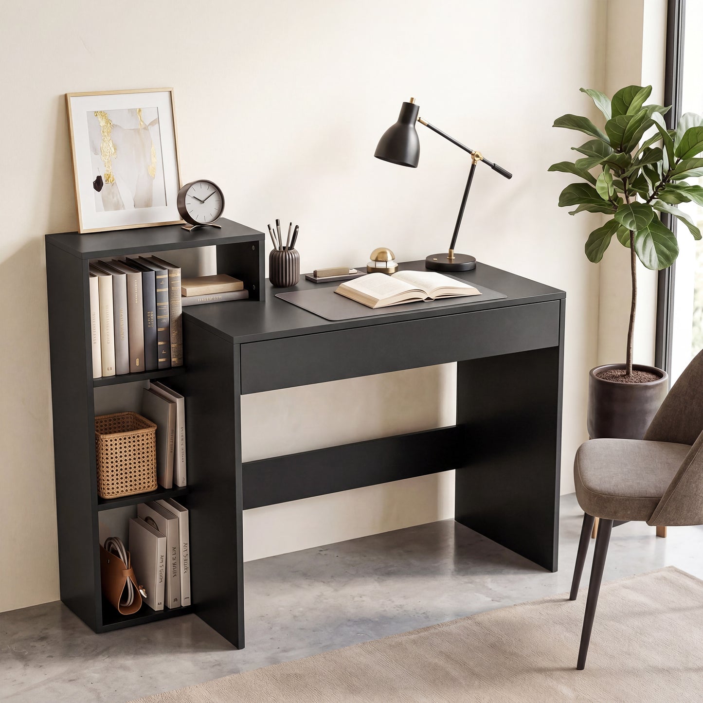 HOMCOM Desk with Storage, Computer Desk with 3 Open Shelves and Drawer, Workstation, Computer Table, Black