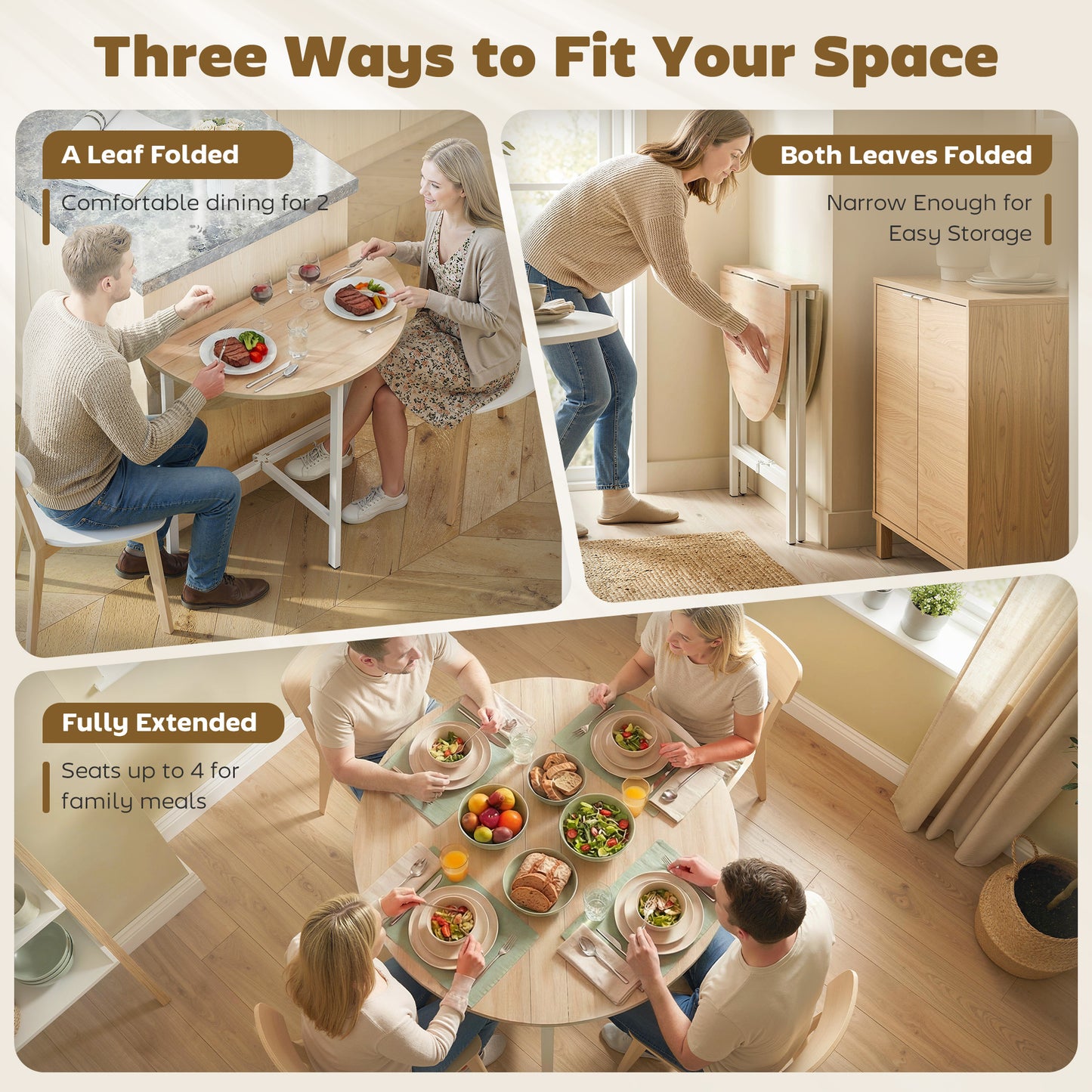 HOMCOM Folding Dining Table, Drop Leaf Extendable Kitchen Table for Small Spaces, Steel Frame, Natural Wood Finish