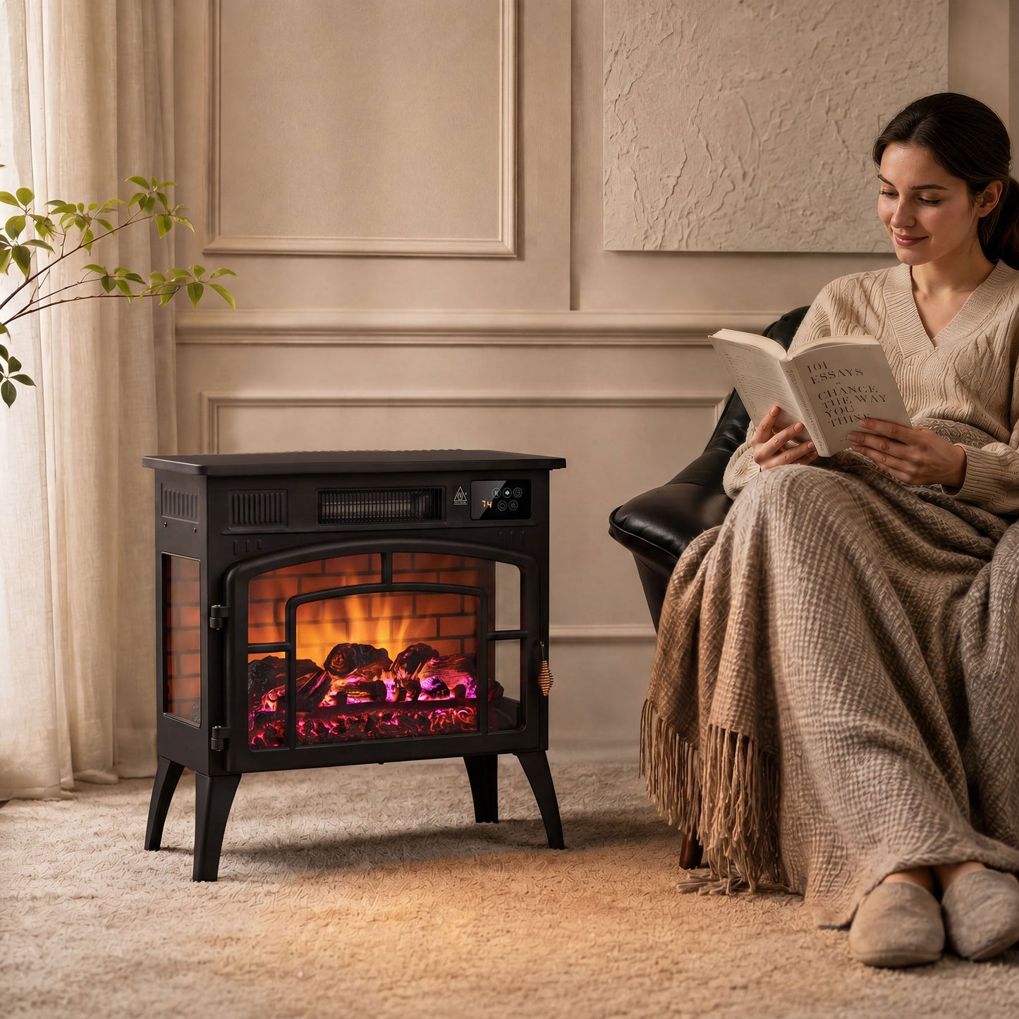 HOMCOM Smart Electric Fireplace Stove Log Burner, 3-Sided Glass WiFi Electric Fire Heater w/ 5-Colour Flame, Black