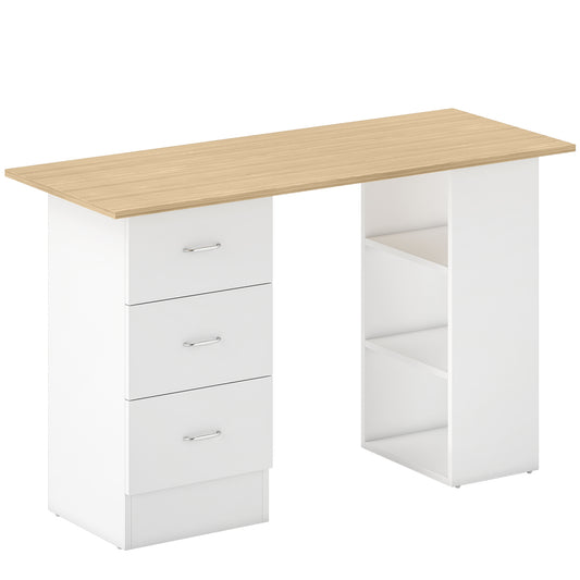 HOMCOM Computer Desk, Writing Table with 3 Shelves & Drawers, Silver Handle, for Home Office, Natural Wood & White Finish