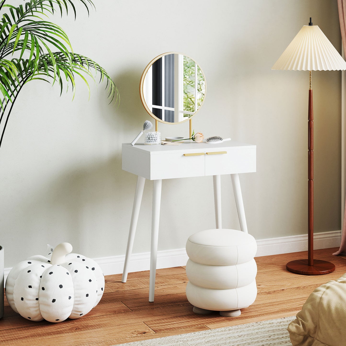 HOMCOM Dressing Table with Round Mirror - White