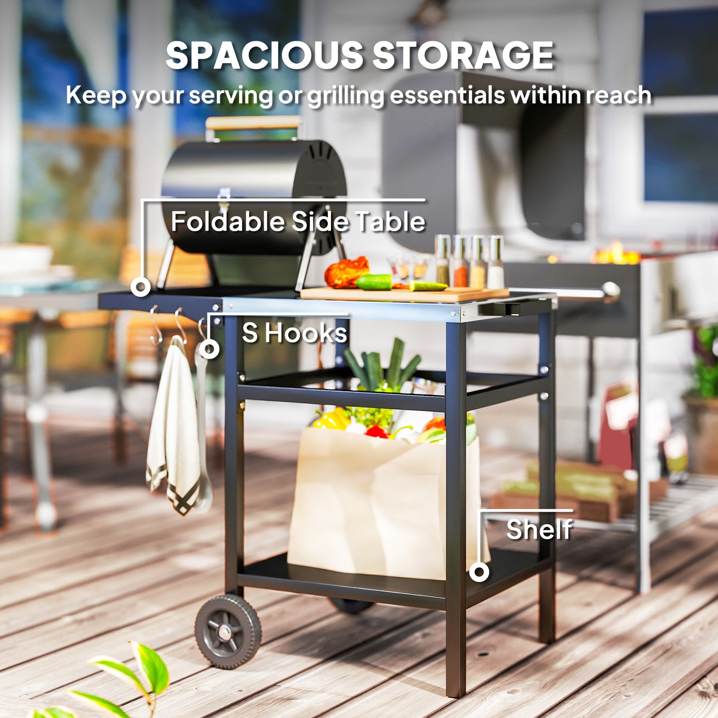 Outsunny BBQ Trolley with Stainless Steel Top, Foldable Side Table, Hooks, Shelf, Pizza Oven Table, Movable Grill Cart with Cover, Black