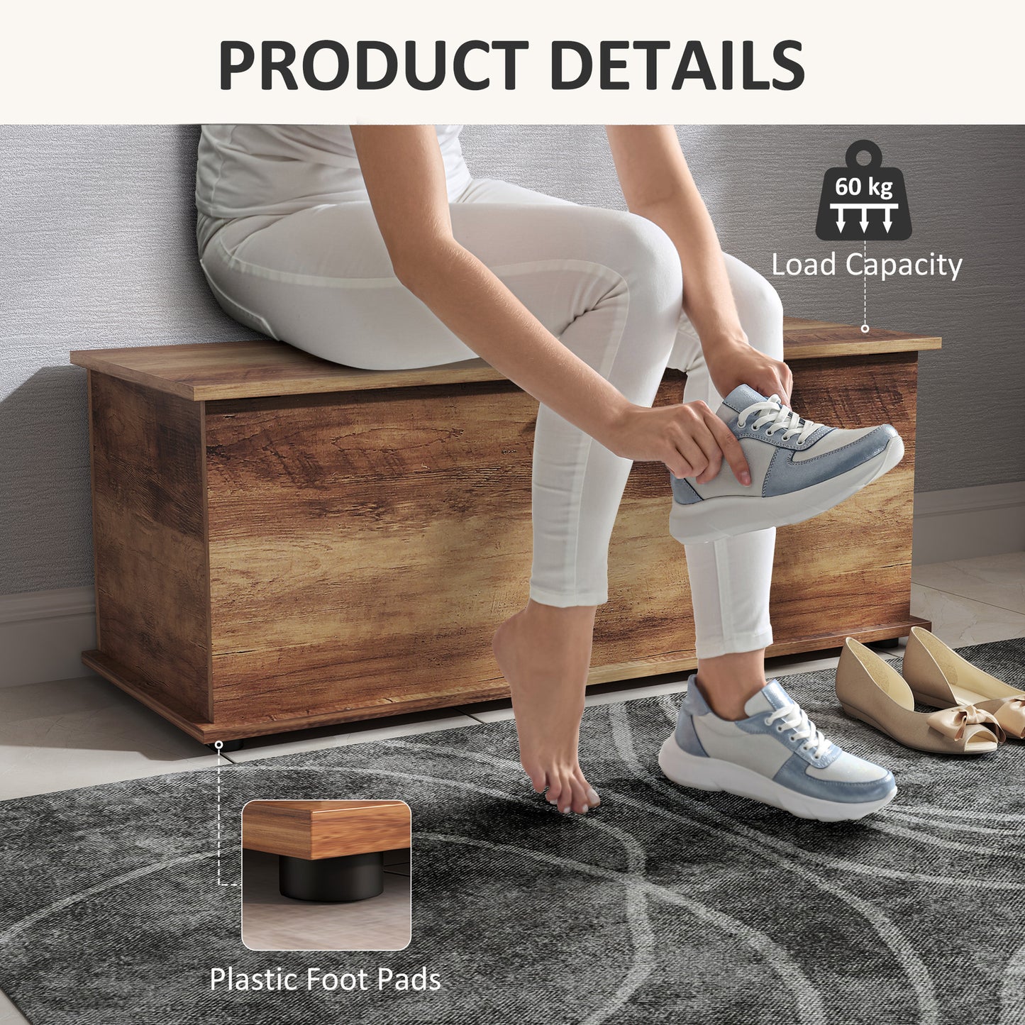 HOMCOM 113L Storage Chest, Flip-Top Lid, 2 Safety Hinges, Trunk for Living Room/Entryway, Grey Wood Grain