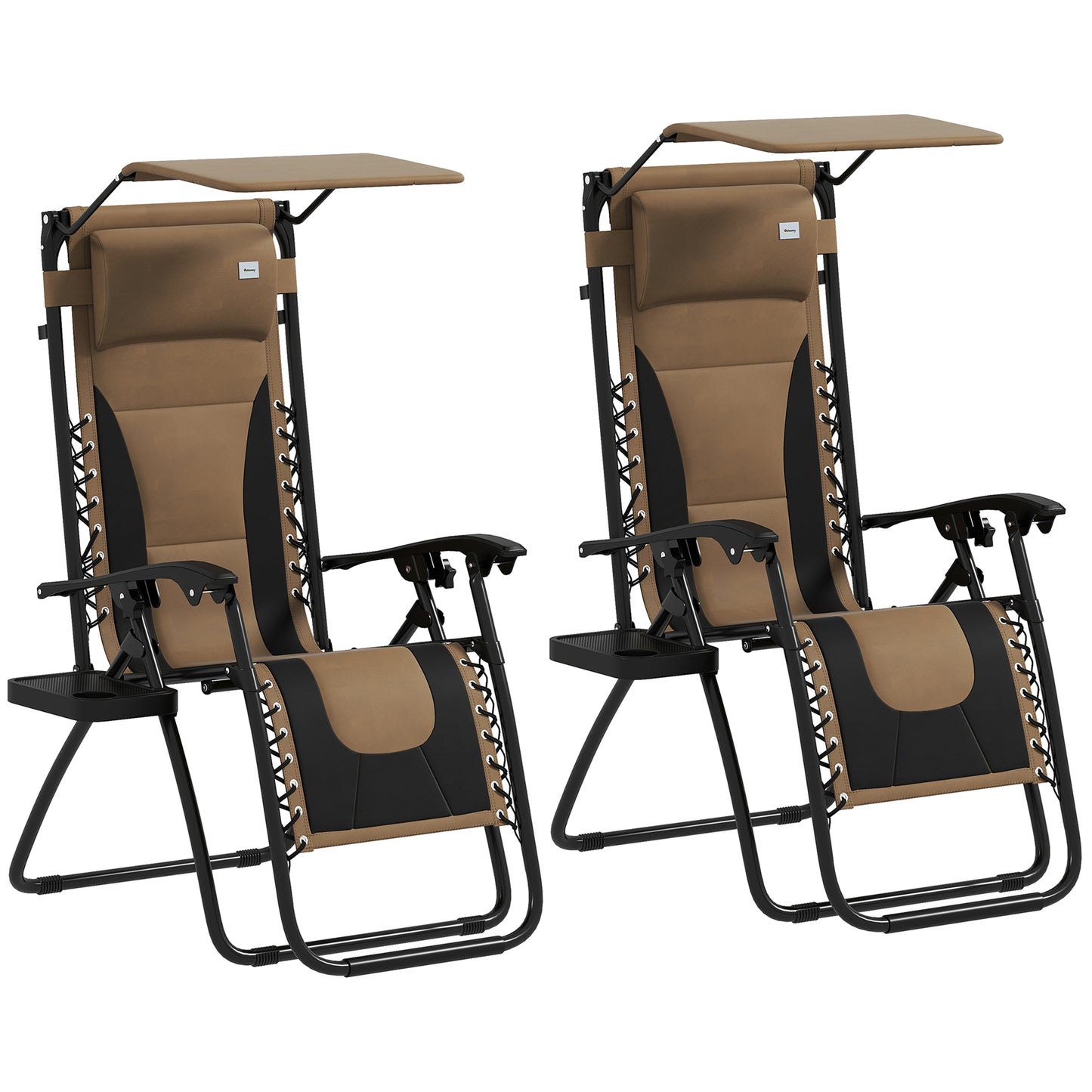 Outsunny Zero Gravity Lounger Chair Set of 2, Reclining with Shade, Cup Holder, Cushion, and Headrest, Brown