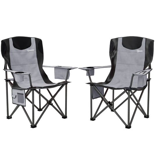 Outsunny Set of 2 Folding Camping Chairs, Padded with Adjustable Armrests, Cooler Bag, Cup Holder, Side Pockets, Portable & Lightweight, Grey