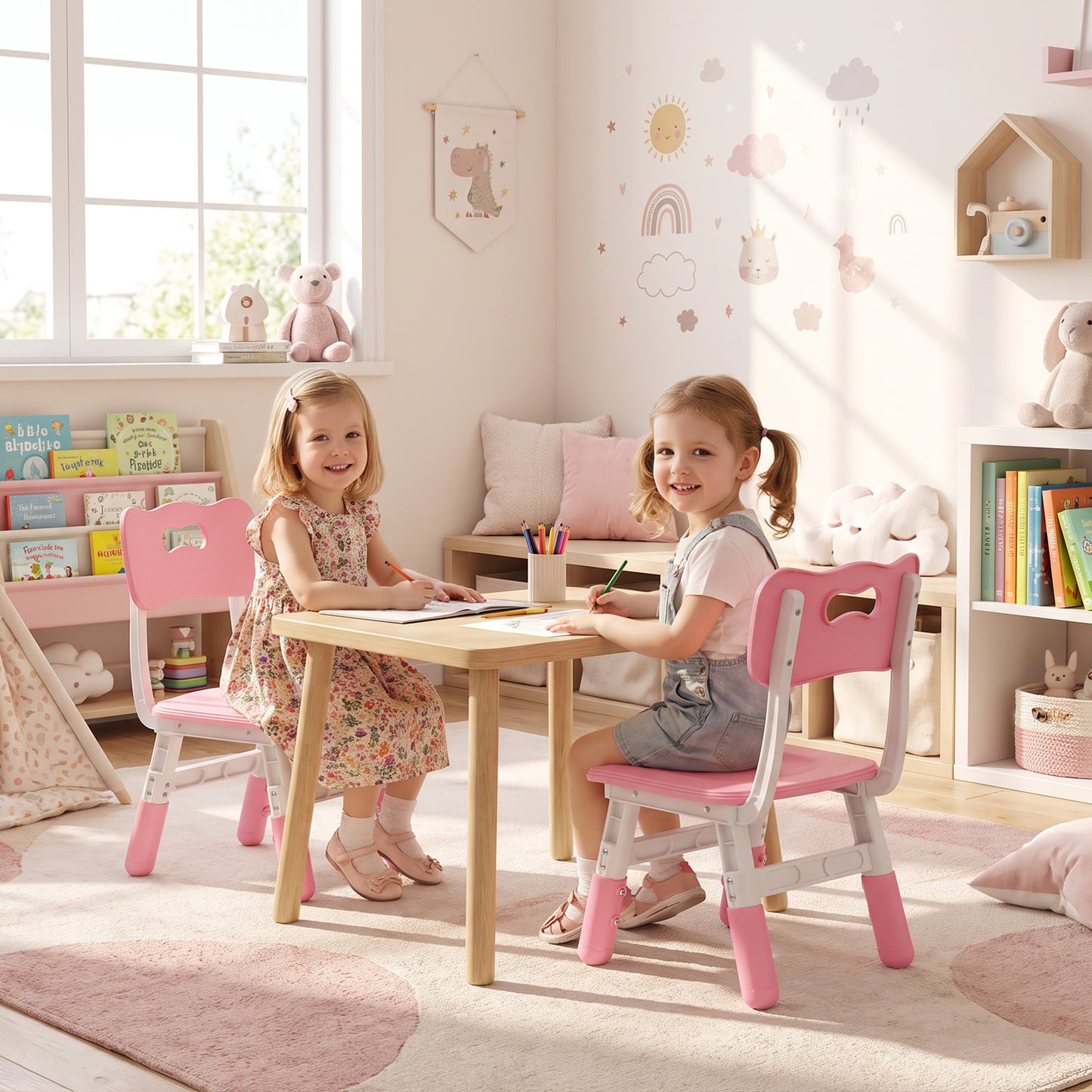 AIYAPLAY 2 PCS Kids Desk Chairs, 3 Level Height Adjustable Children's Chairs with Backrest for 1.5-8 Years, Max Load 50KG, Pink