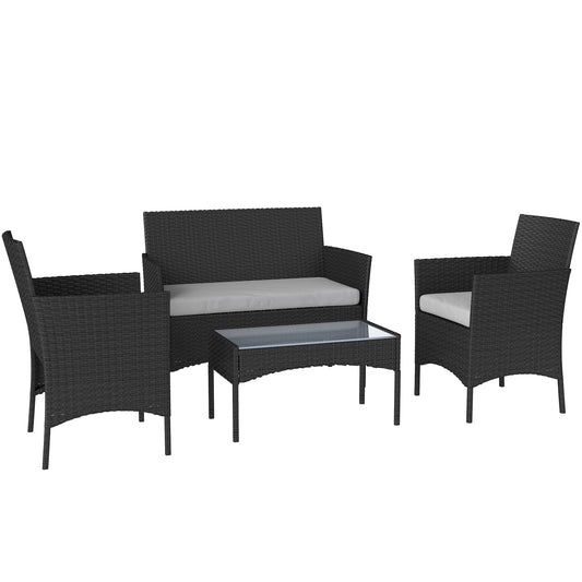 Outsunny 4 Piece Rattan Garden Furniture Sofa Set with Loveseat, Armchairs, Glass-Top Coffee Table and Cushions, Black