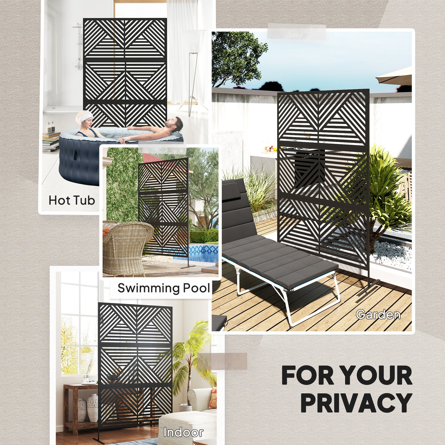Outsunny Garden Privacy Screen with Stand, 6.5FT Freestanding Metal Divider, Rhombus Style with Screws for Pool/Hot Tub, Black