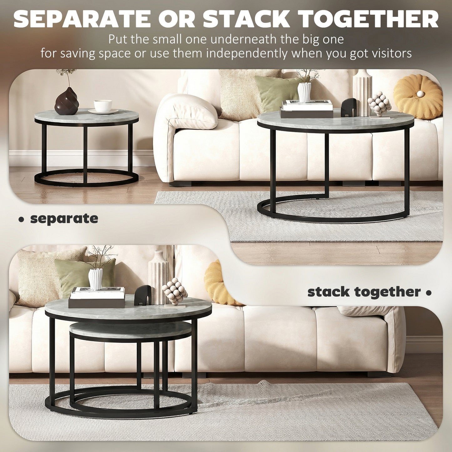 Stacking Stone Table HOMCOM Set of Two Marble-Effect Stacking Tables - Grey – mhstar.co.uk