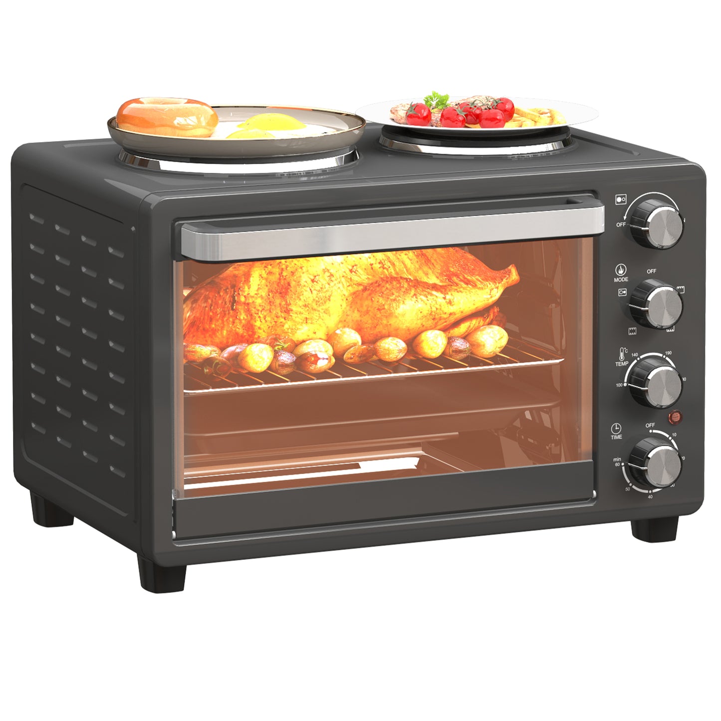 HOMCOM 28L Mini Oven with 2 Hot Plates, Toaster, Grill, Roast, Bake, Boil, Timer, 2600W, Black