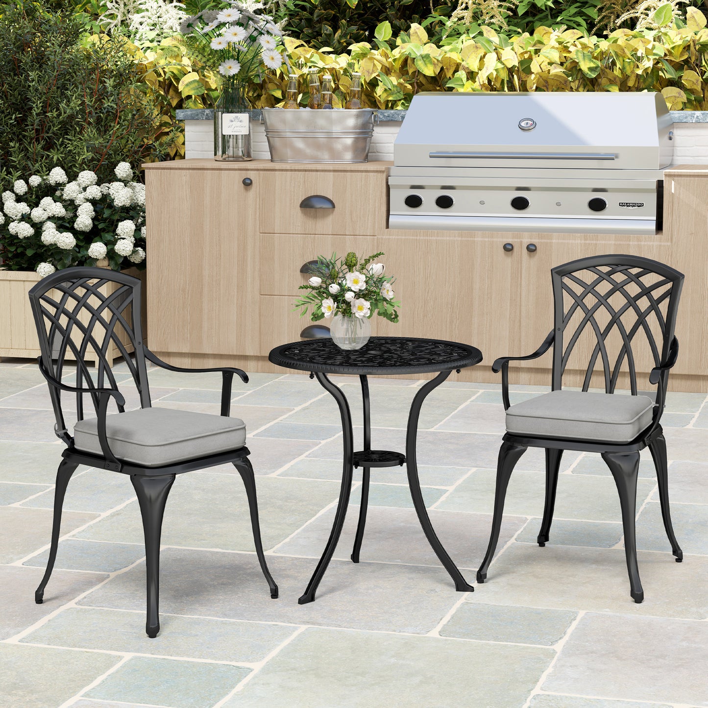 Outsunny 3 Piece Cast Aluminium Bistro Set, Rust Resistant with Parasol Hole & Cushions, Black