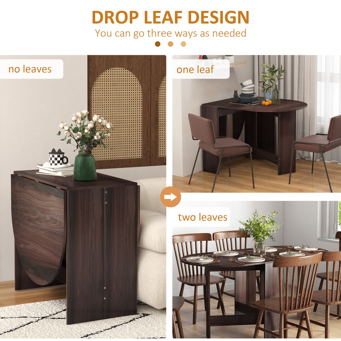 HOMCOM Folding Dining Table, Drop Leaf Table for Small Spaces, Oval Kitchen Table for Dining Room, Chocolate Wood Effect